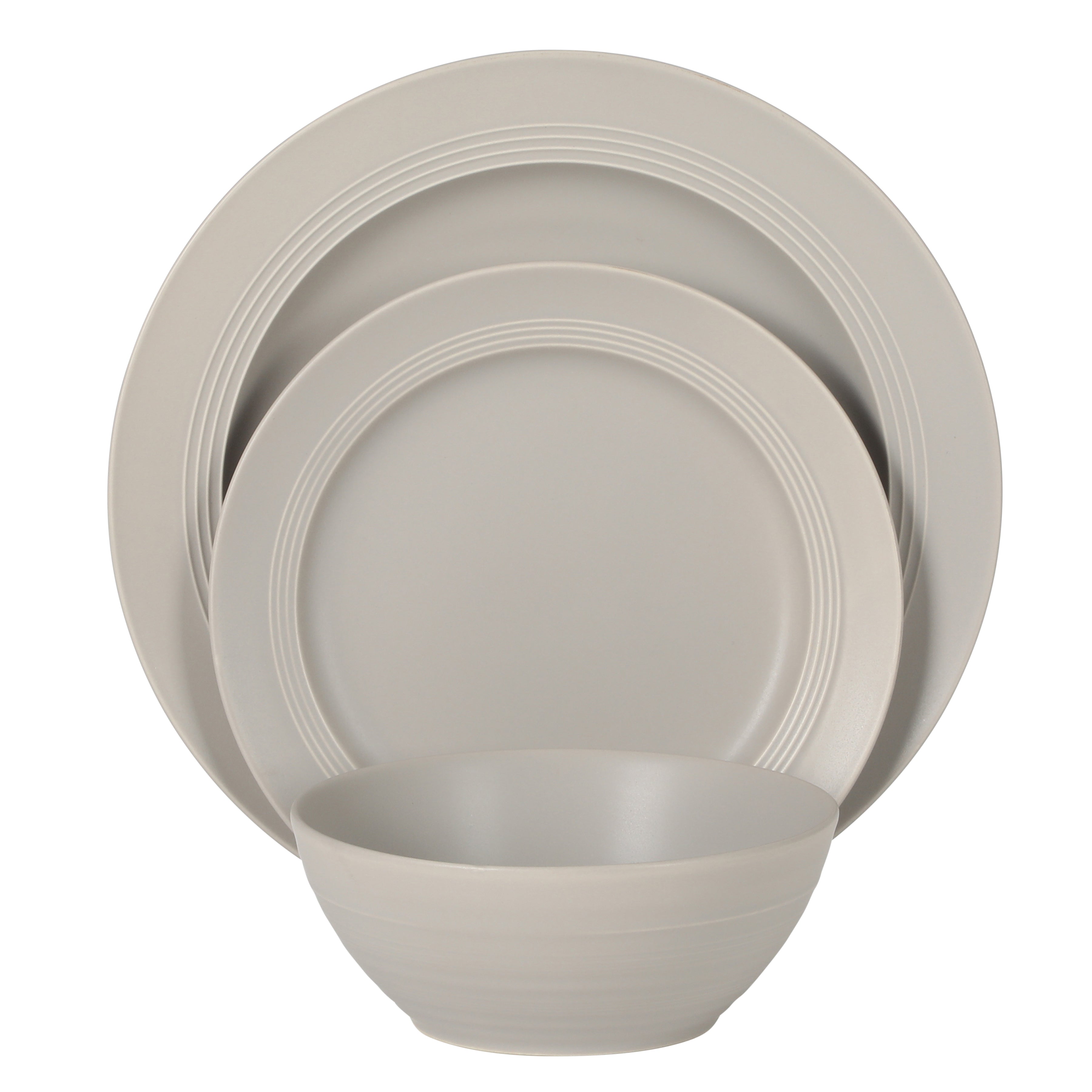 Gibson Elite Soleil 12 Piece Linen White Stoneware Dinnerware Set for 4, Plates and Bowls Set with Dinner Plates, Salad Plates and Bowls