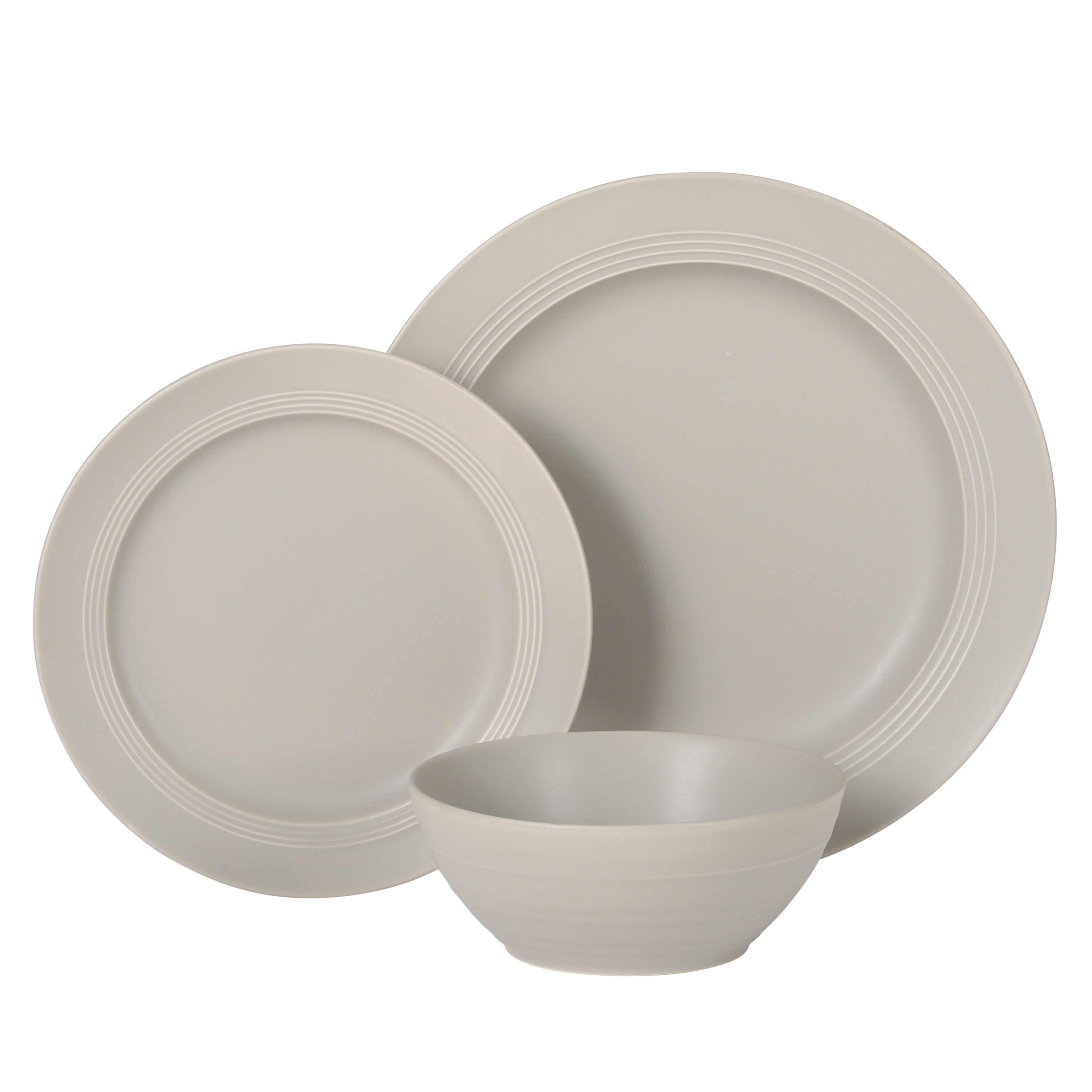 Gibson Elite Soleil 12 Piece Linen White Stoneware Dinnerware Set for 4, Plates and Bowls Set with Dinner Plates, Salad Plates and Bowls
