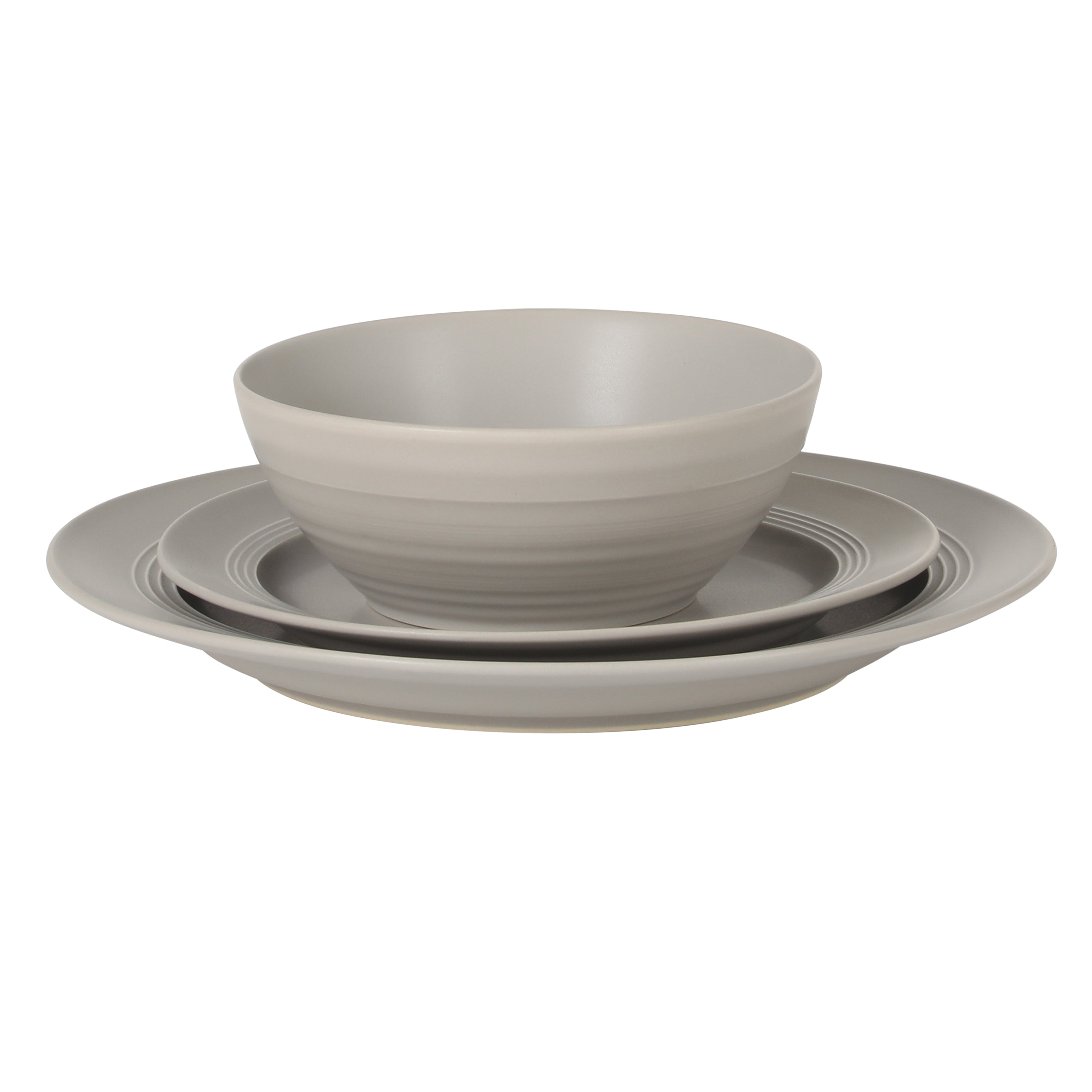 Gibson Elite Soleil 12 Piece Linen White Stoneware Dinnerware Set for 4, Plates and Bowls Set with Dinner Plates, Salad Plates and Bowls
