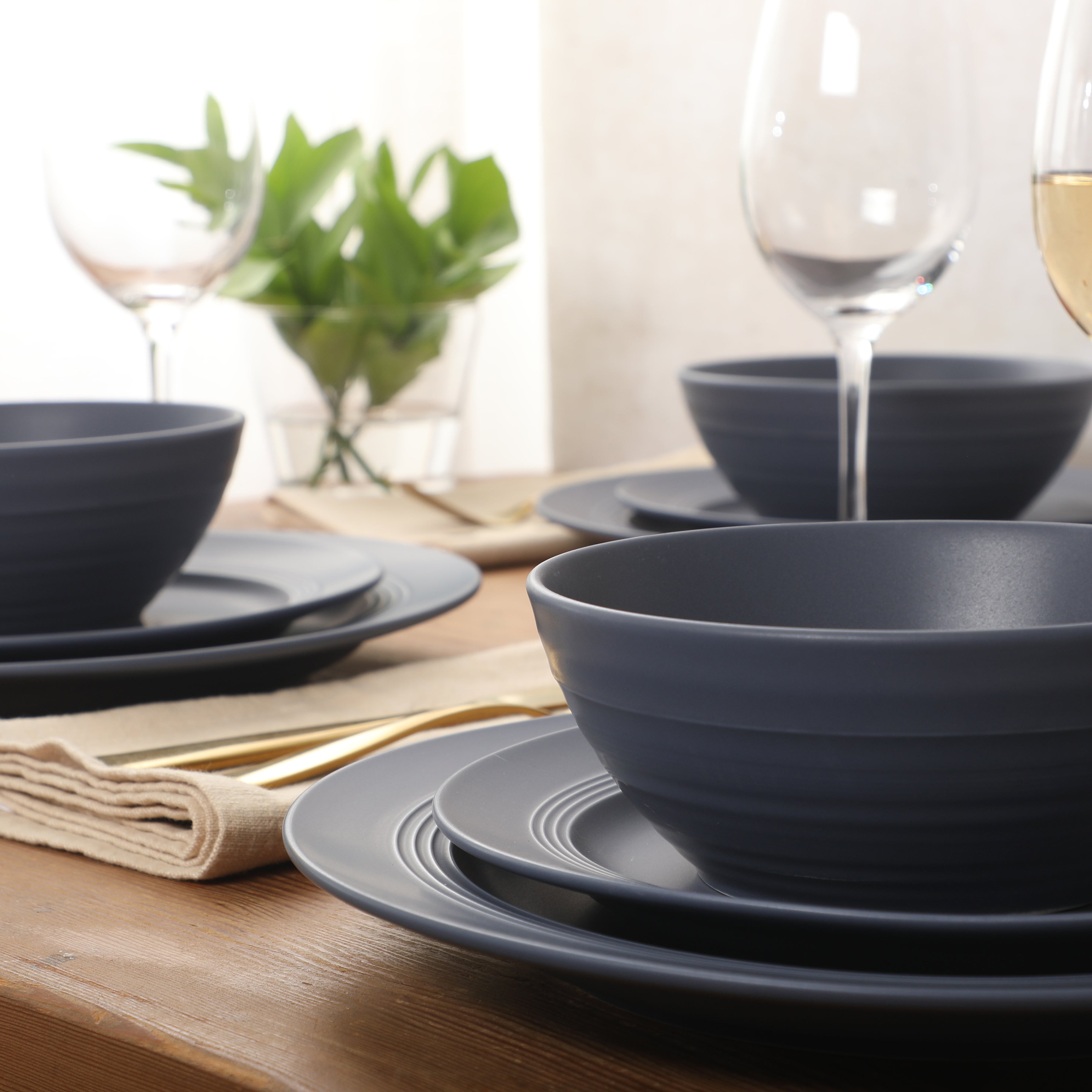 Gibson Elite Soleil 12 Piece Linen White Stoneware Dinnerware Set for 4, Plates and Bowls Set with Dinner Plates, Salad Plates and Bowls