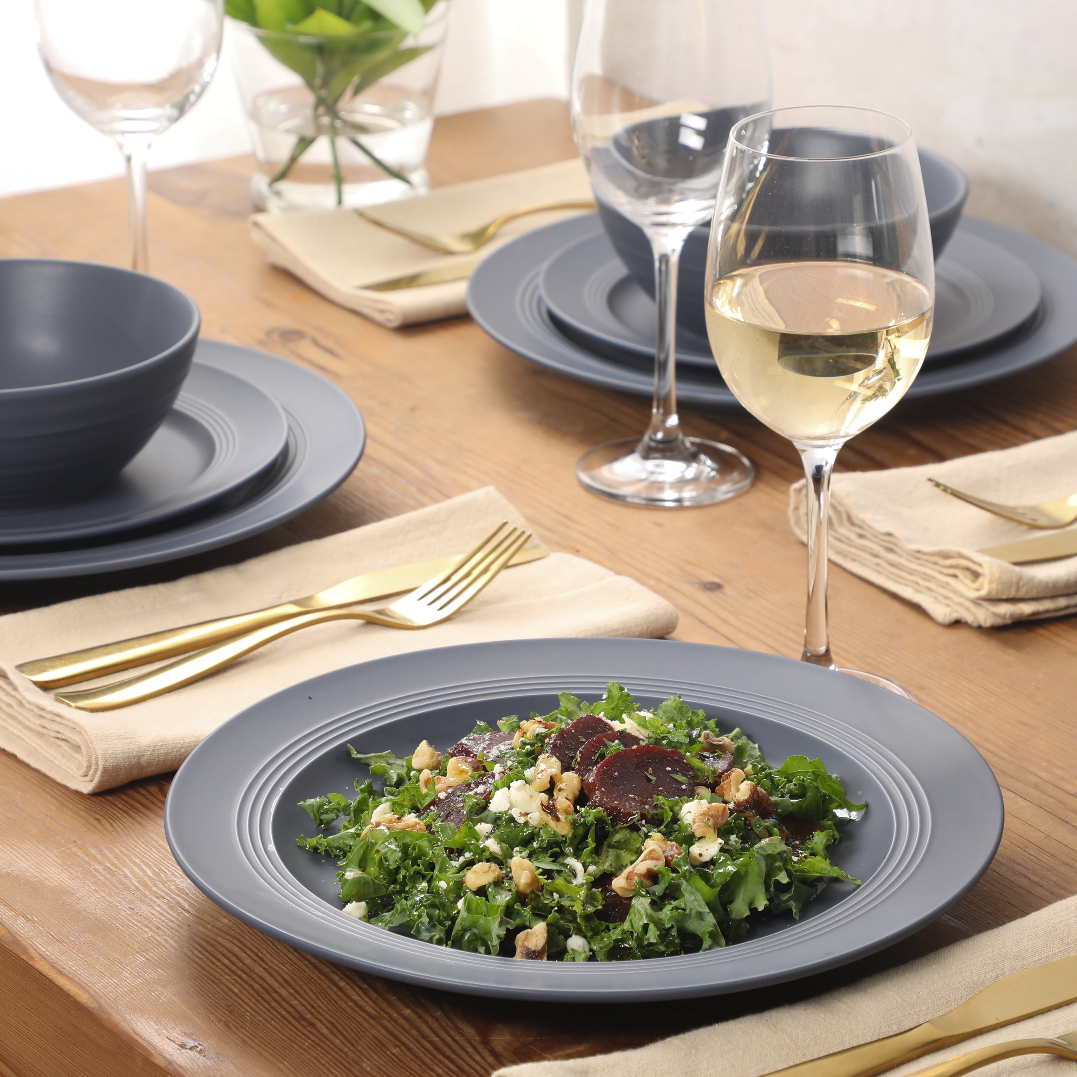 Gibson Elite Soleil 12 Piece Linen White Stoneware Dinnerware Set for 4, Plates and Bowls Set with Dinner Plates, Salad Plates and Bowls