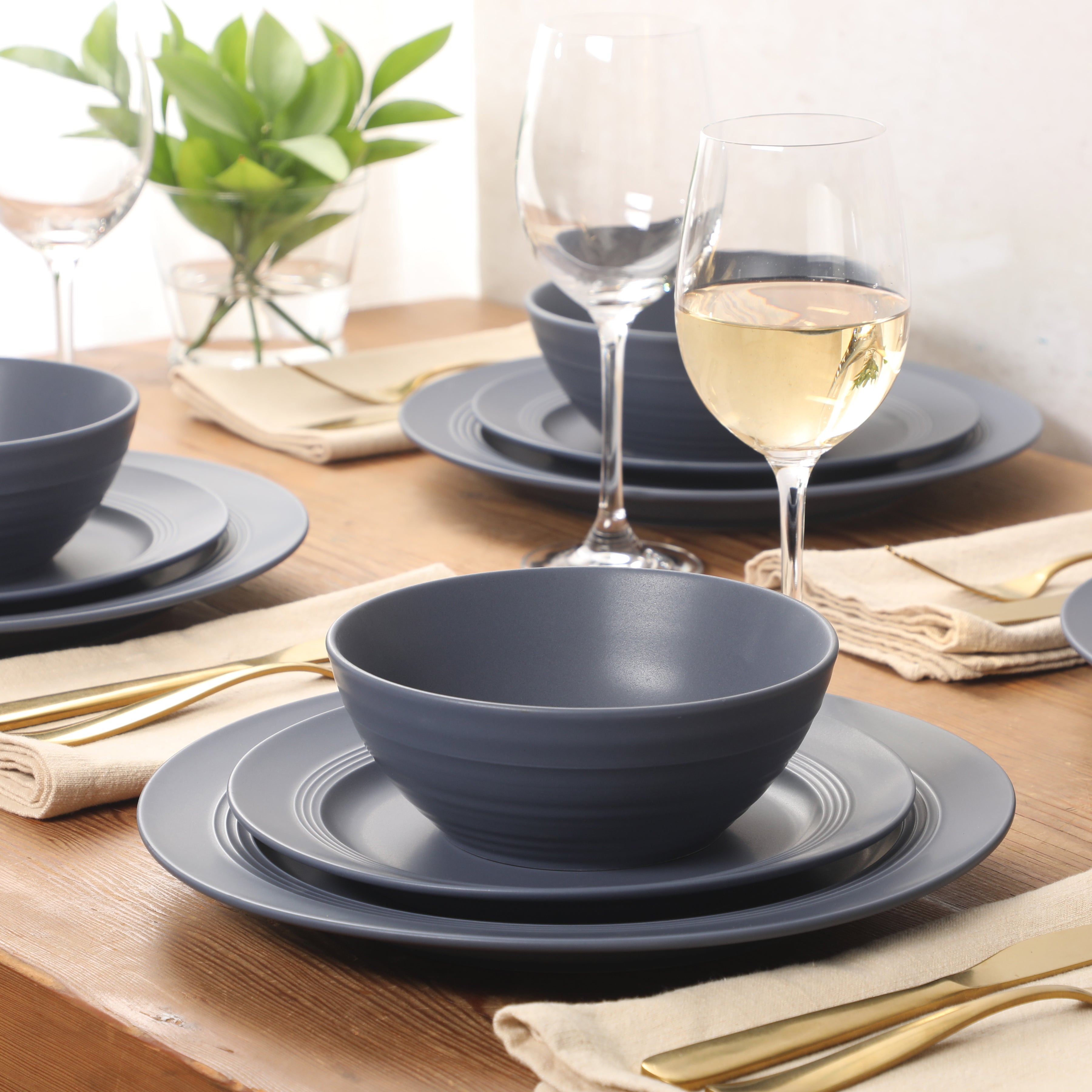 Gibson Elite Soleil 12 Piece Linen White Stoneware Dinnerware Set for 4, Plates and Bowls Set with Dinner Plates, Salad Plates and Bowls