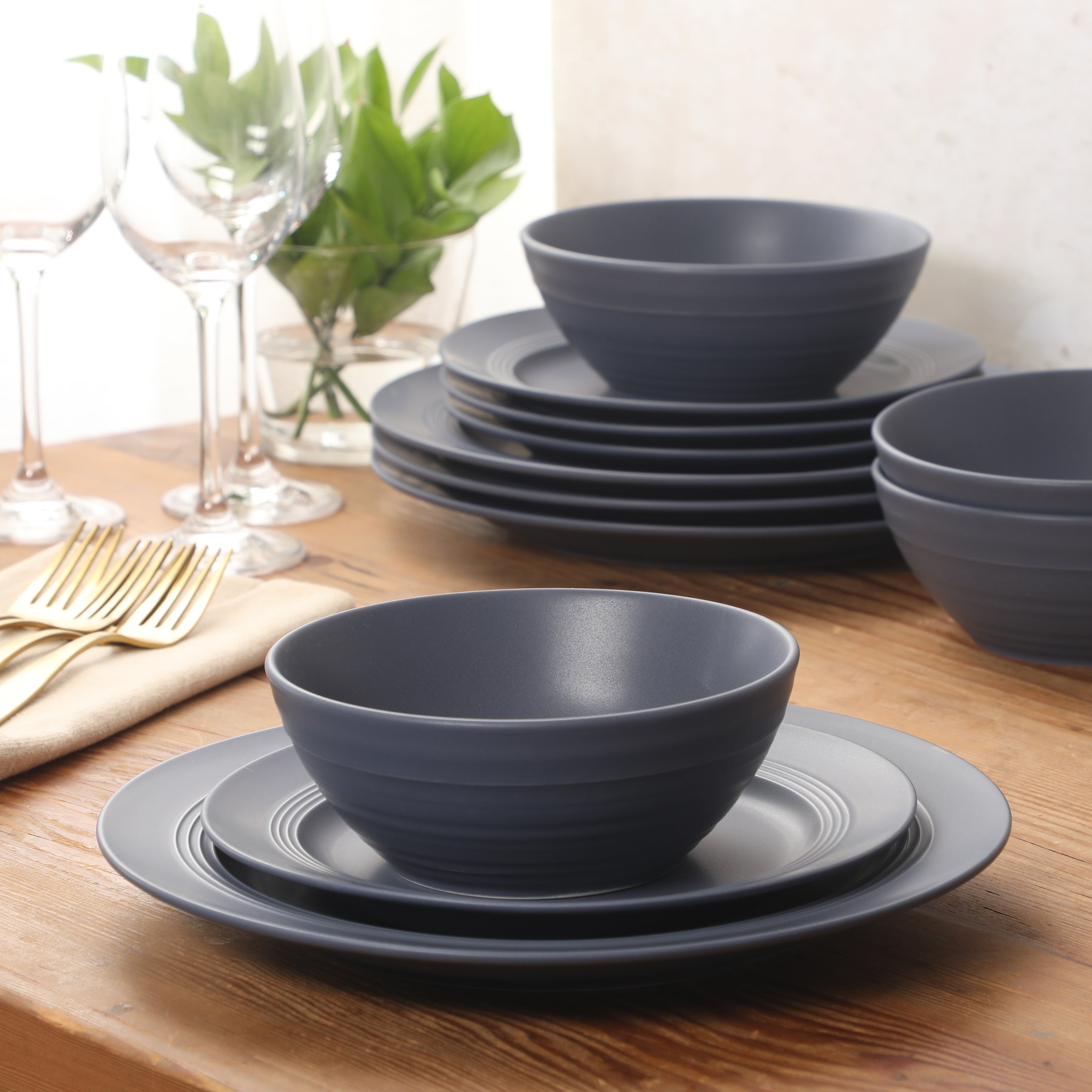Gibson Elite Soleil 12 Piece Linen White Stoneware Dinnerware Set for 4, Plates and Bowls Set with Dinner Plates, Salad Plates and Bowls