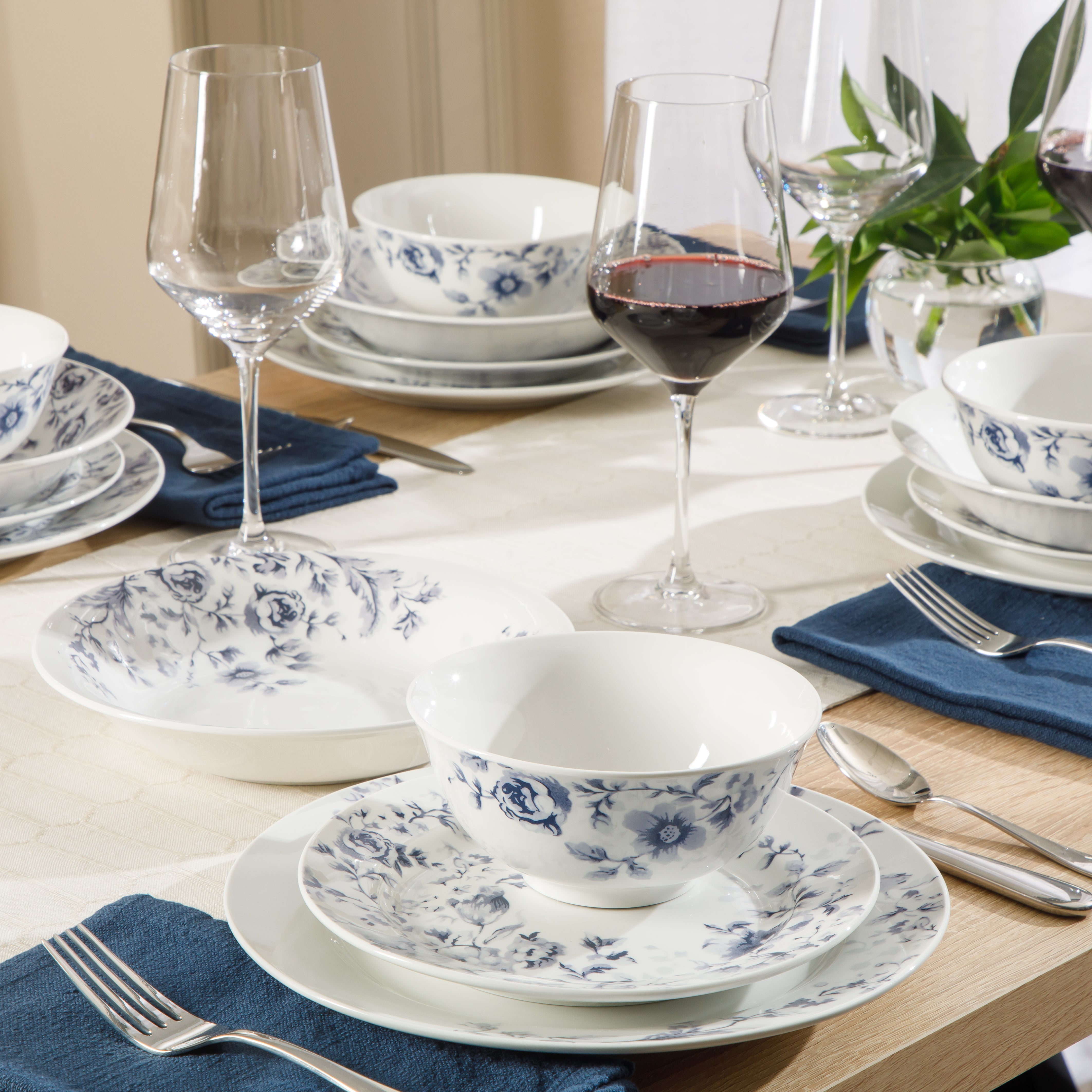 Martha Stewart Plates and Bowls Set, 16 Piece Dinnerware Set for 4, Blue/white