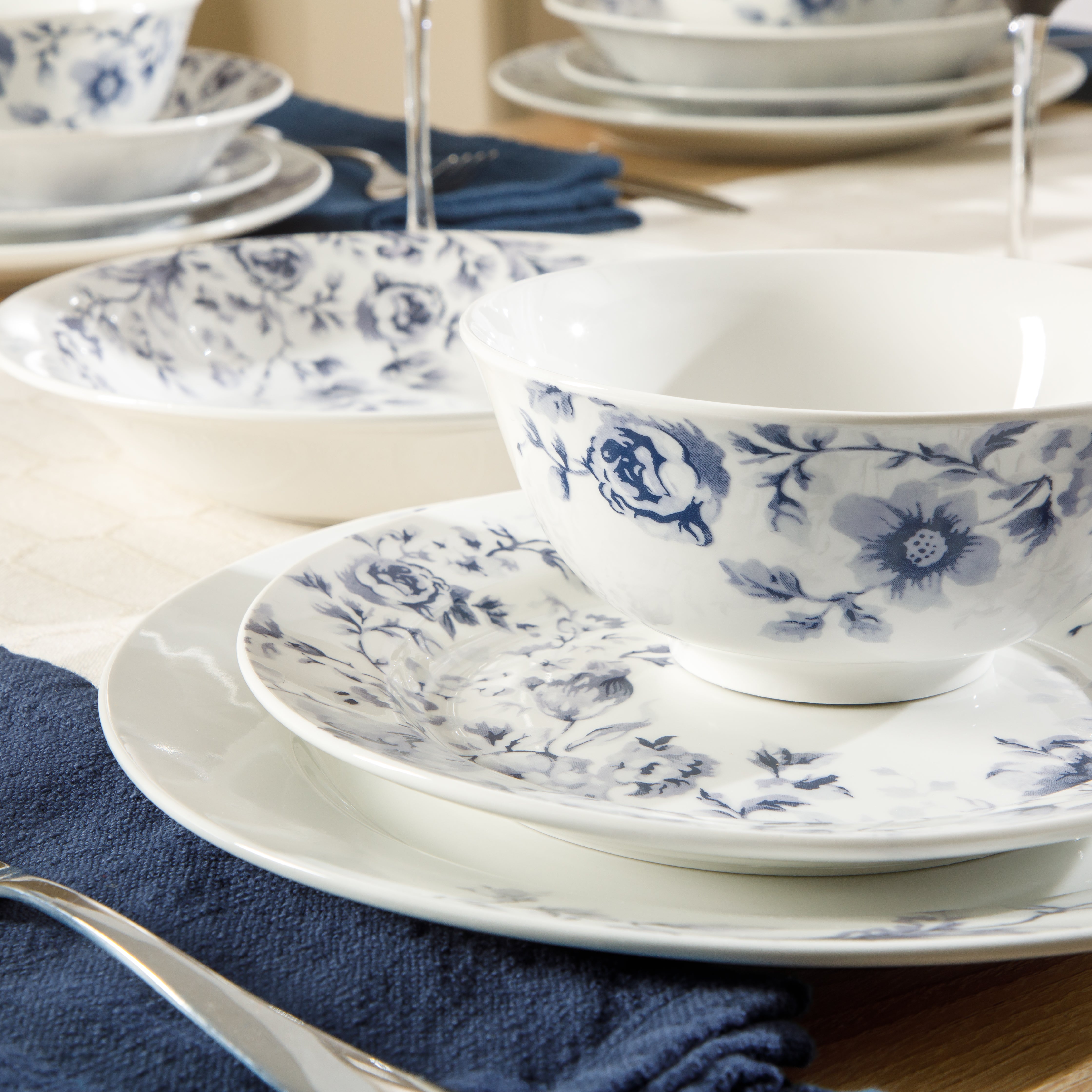 Martha Stewart Plates and Bowls Set, 16 Piece Dinnerware Set for 4, Blue/white
