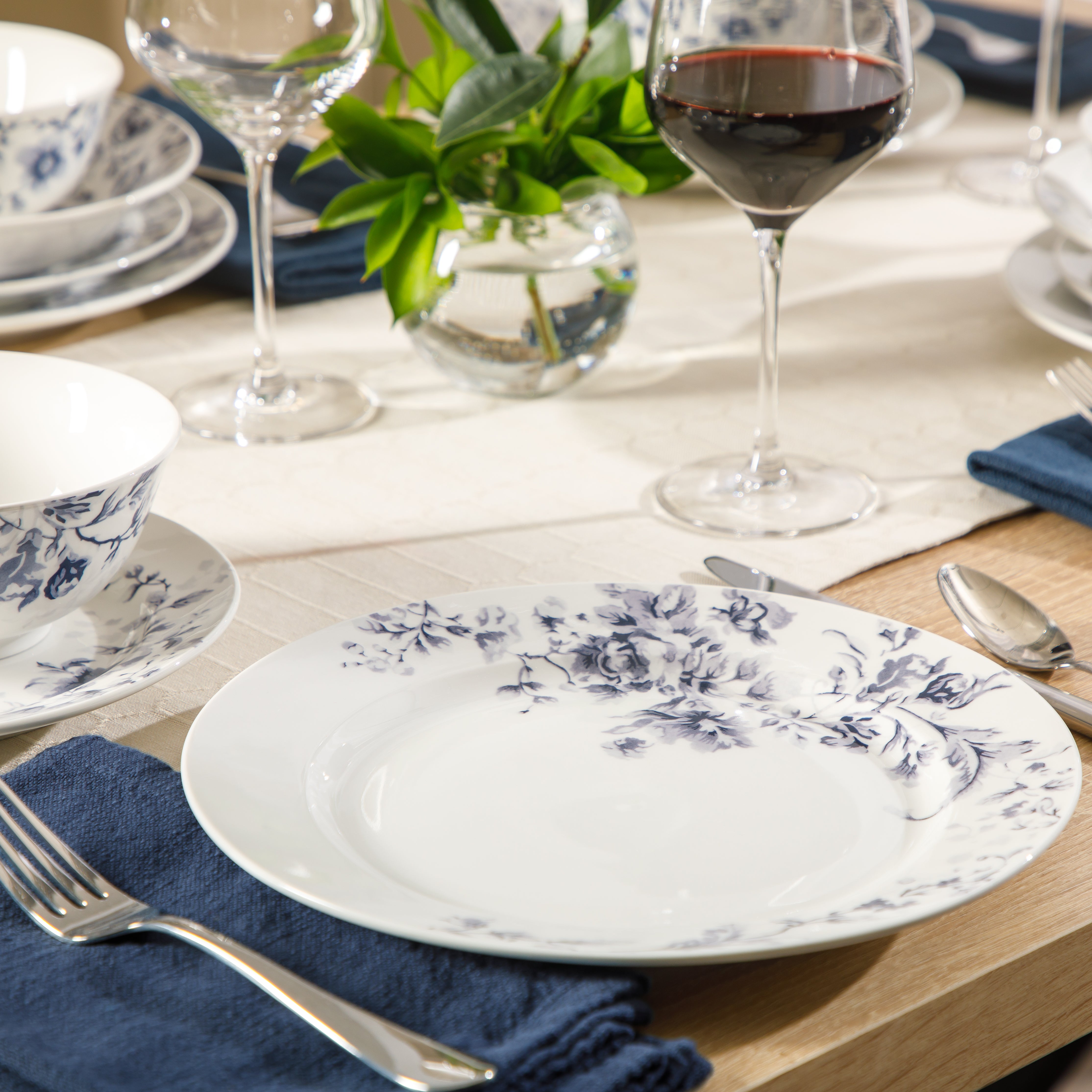 Martha Stewart Plates and Bowls Set, 16 Piece Dinnerware Set for 4, Blue/white