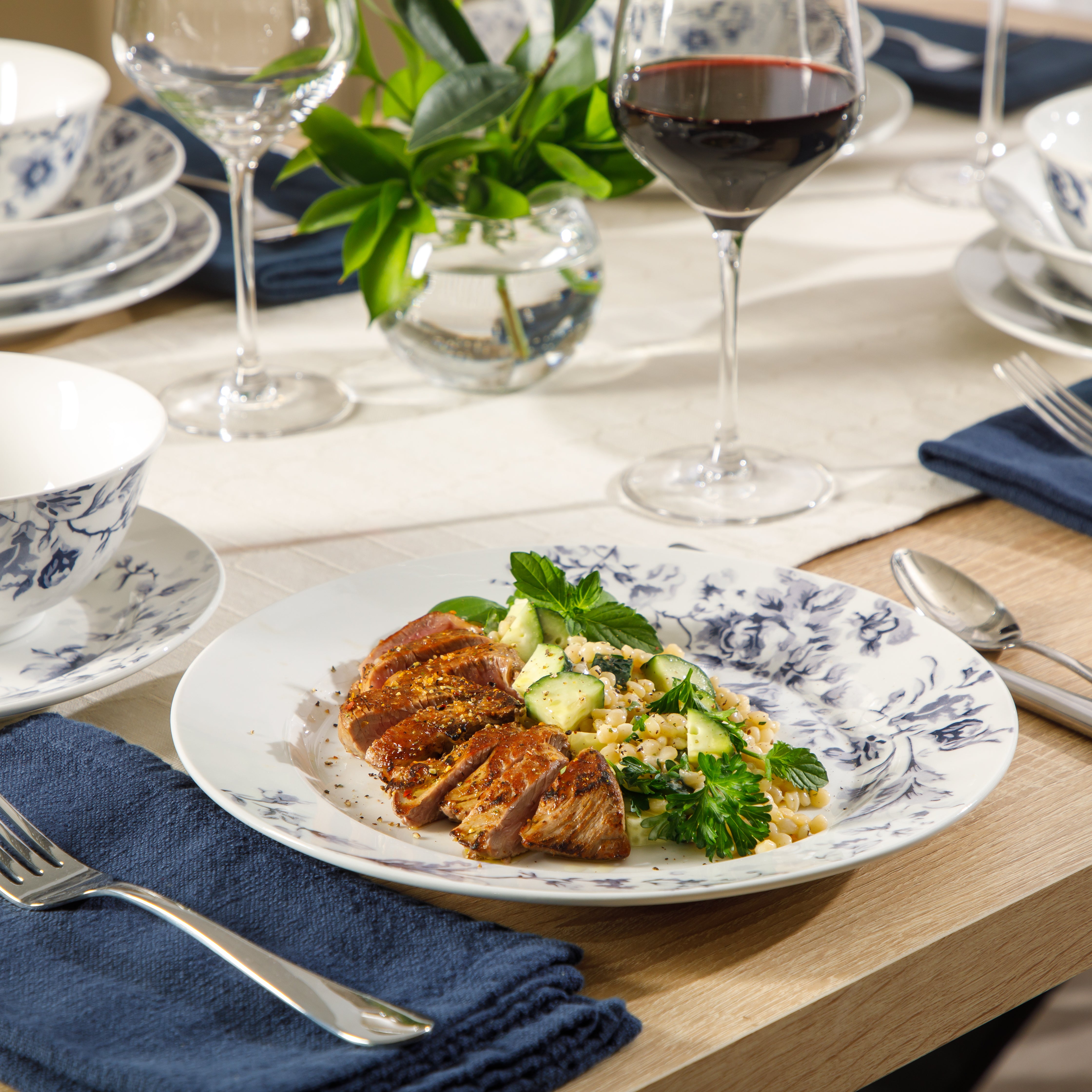 Martha Stewart Plates and Bowls Set, 16 Piece Dinnerware Set for 4, Blue/white