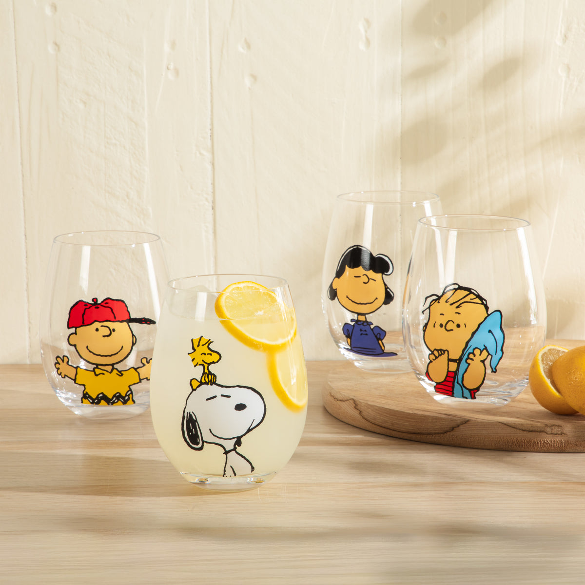 Peanuts Snoopy 19 Oz Clear Stemless Wine Glasses, Good Times With Friends Drinking Glasses, Set of 4