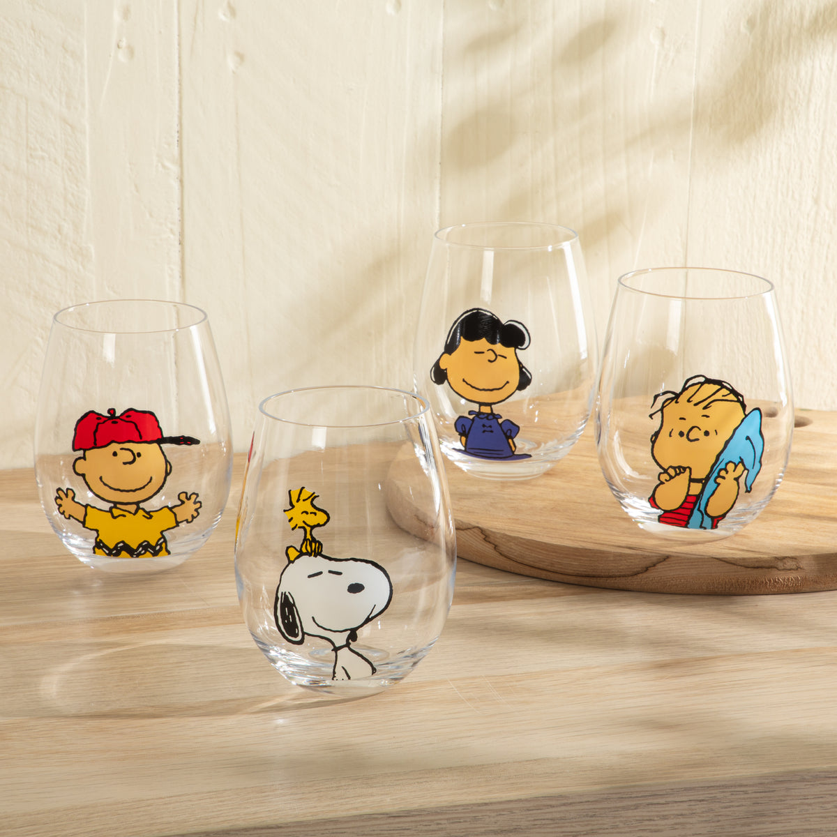 Peanuts Snoopy 19 Oz Clear Stemless Wine Glasses, Good Times With Friends Drinking Glasses, Set of 4