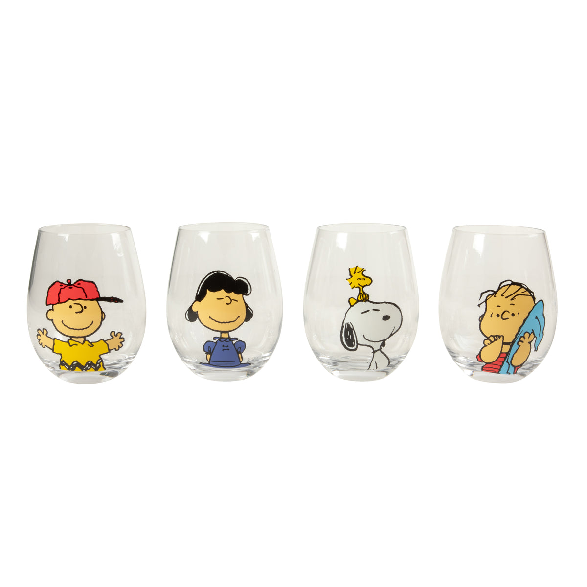 Peanuts Snoopy 19 Oz Clear Stemless Wine Glasses, Good Times With Friends Drinking Glasses, Set of 4