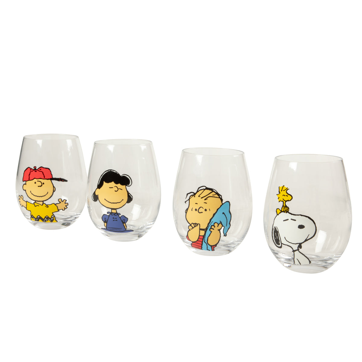Peanuts Snoopy 19 Oz Clear Stemless Wine Glasses, Good Times With Friends Drinking Glasses, Set of 4
