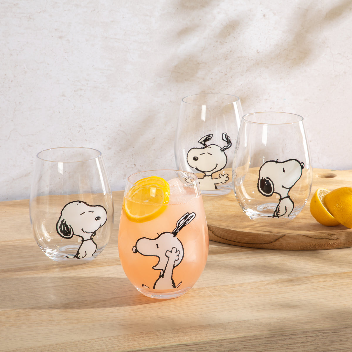 Peanuts Snoopy 19 Oz Clear Stemless Wine Glasses, Good Times With Friends Drinking Glasses, Set of 4