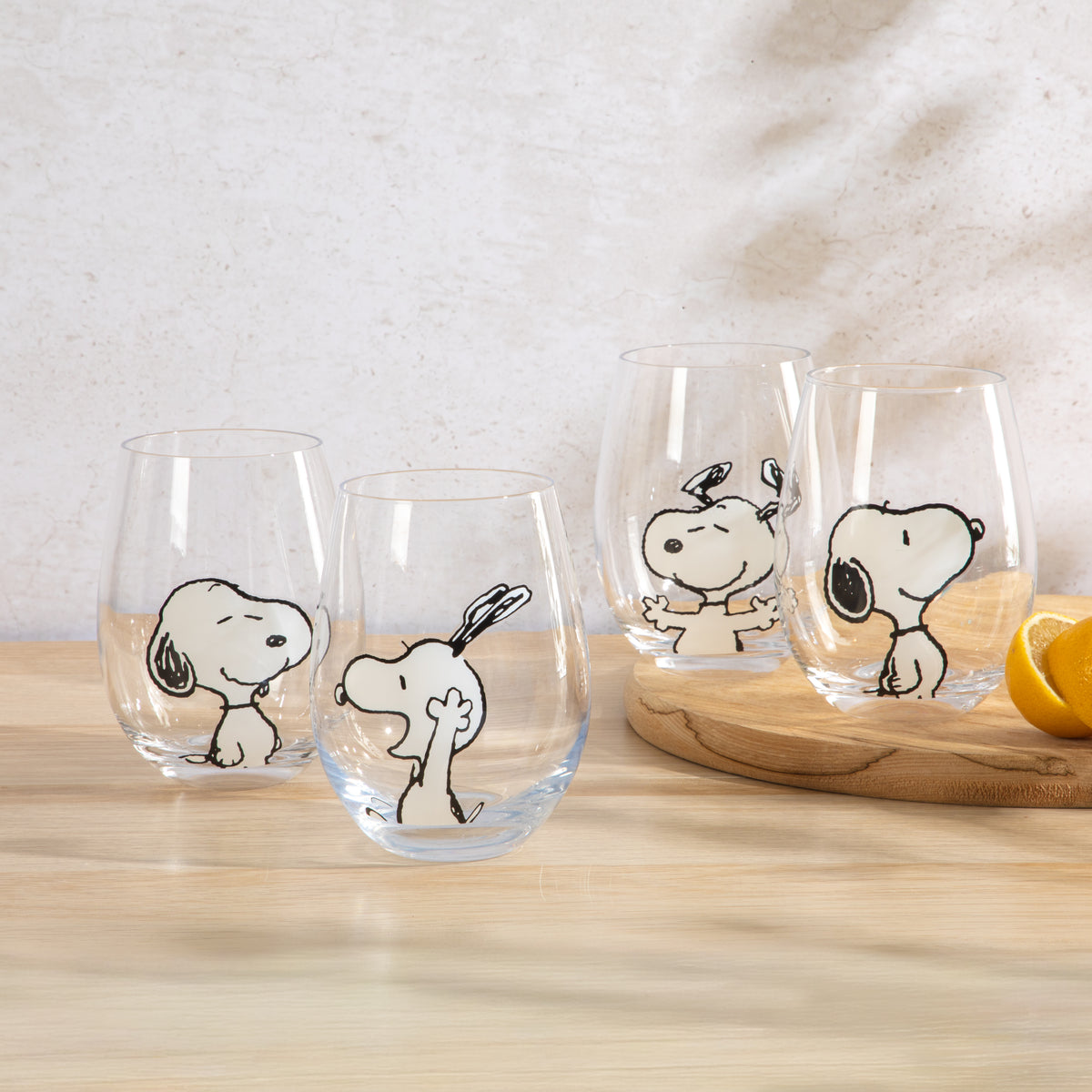 Peanuts Snoopy 19 Oz Clear Stemless Wine Glasses, Good Times With Friends Drinking Glasses, Set of 4