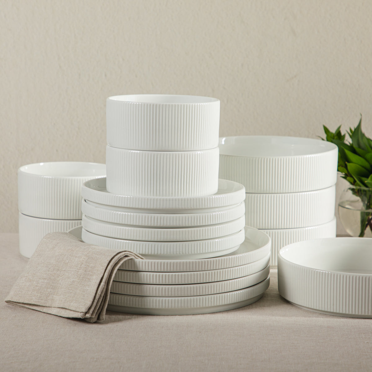 Gibson Home Plates and Bowls Set, 16 Piece Ceramic Dinnerware Set for 4, Stackable, Dishwasher & Microwave Safe, White