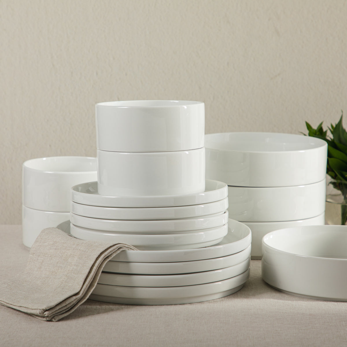 Gibson Home Plates and Bowls Set, 16 Piece Ceramic Dinnerware Set for 4, Stackable, Dishwasher & Microwave Safe, White