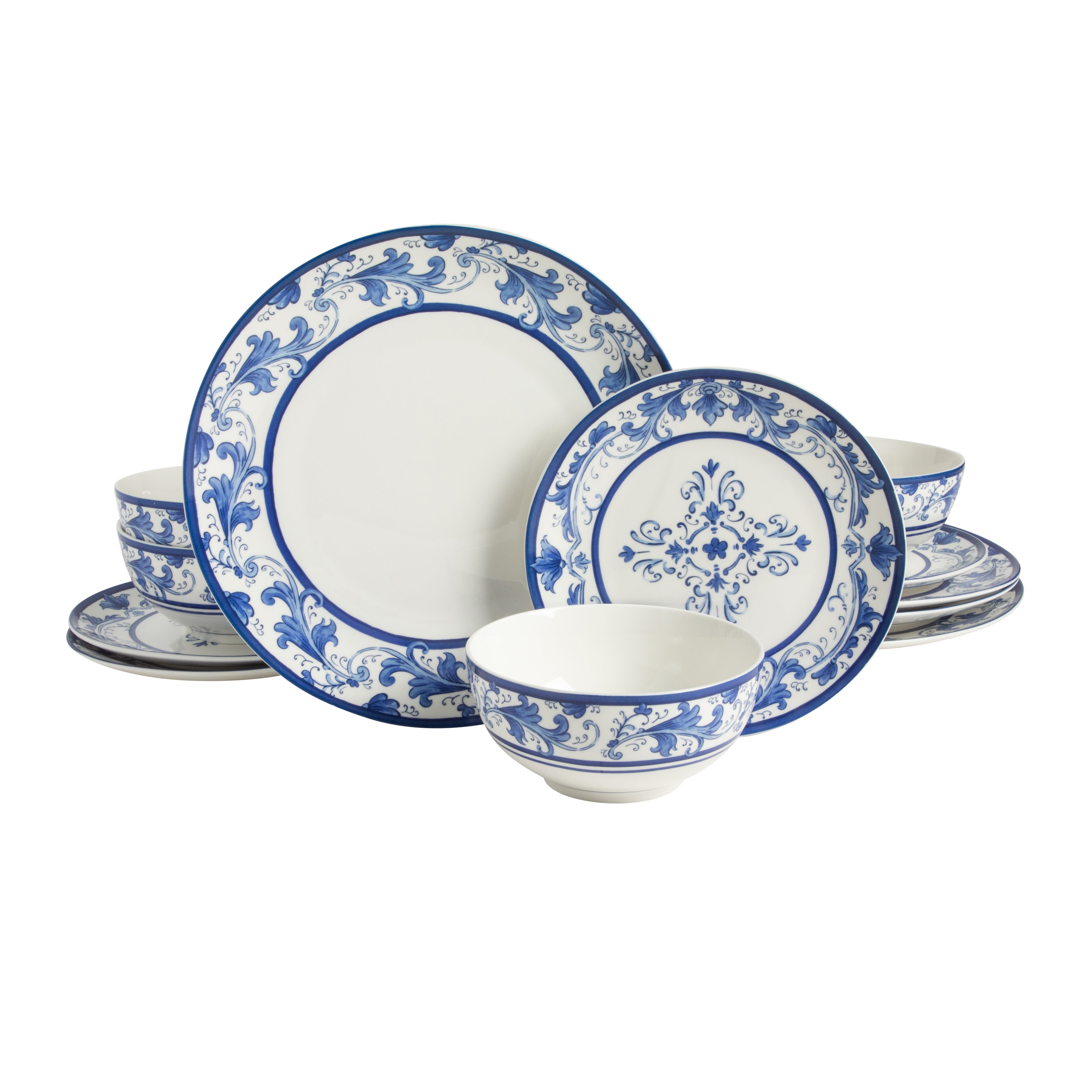 Sur La Table Plates and Bowls Set, 12 Piece New Bone China Dinnerware Set for 4, Mediterranean Blue Pattern, Dishwasher & Microwave Safe