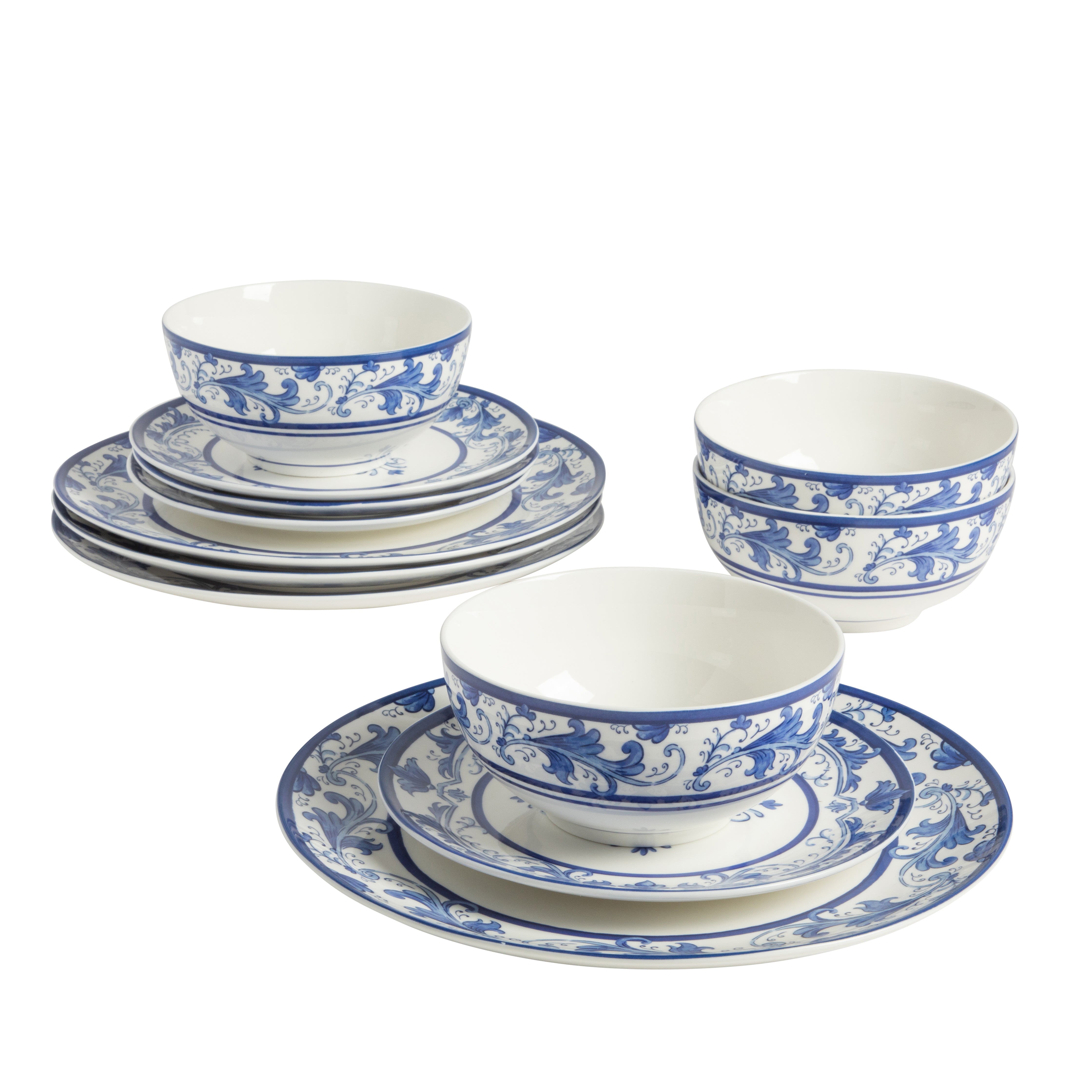 Sur La Table Plates and Bowls Set, 12 Piece New Bone China Dinnerware Set for 4, Mediterranean Blue Pattern, Dishwasher & Microwave Safe