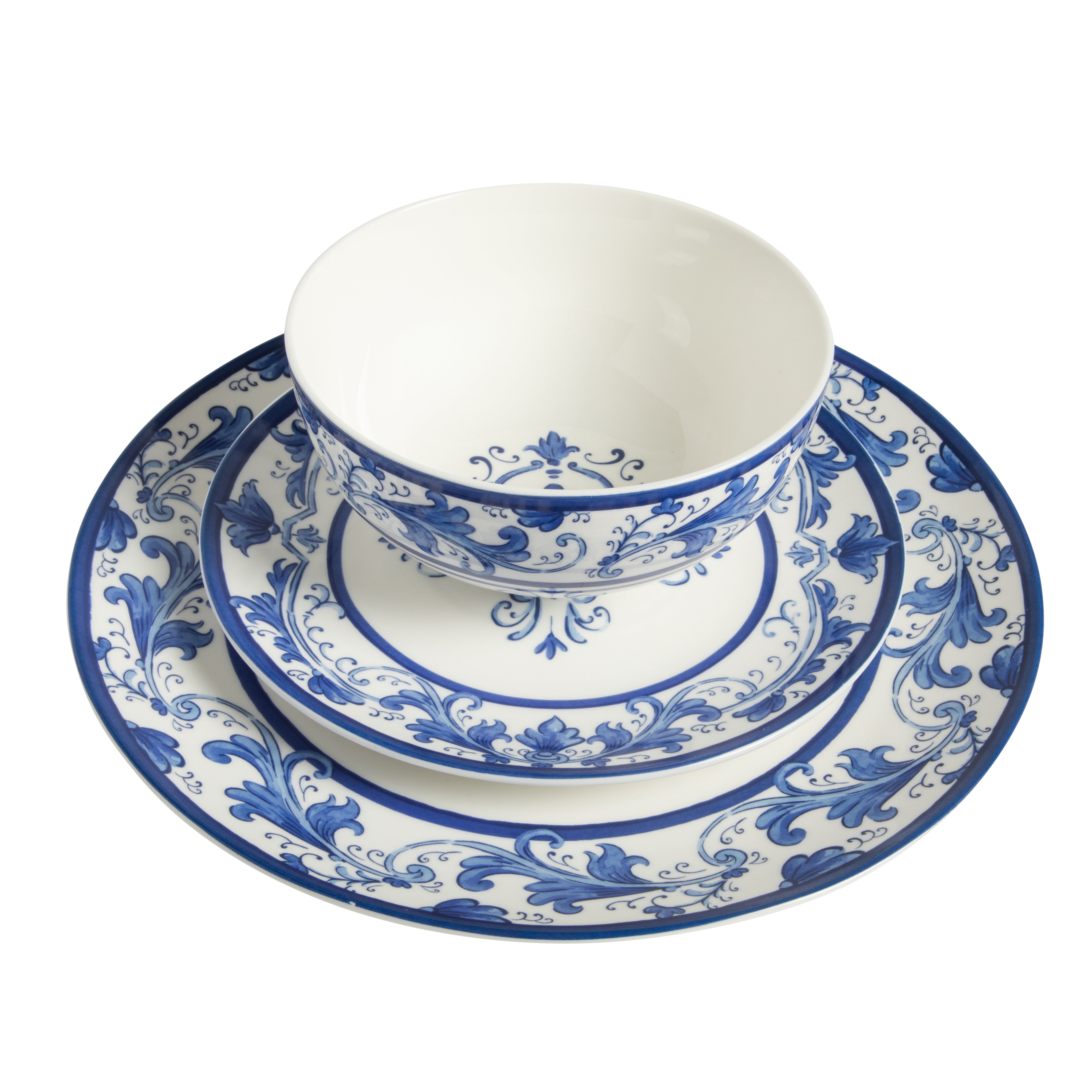 Sur La Table Plates and Bowls Set, 12 Piece New Bone China Dinnerware Set for 4, Mediterranean Blue Pattern, Dishwasher & Microwave Safe
