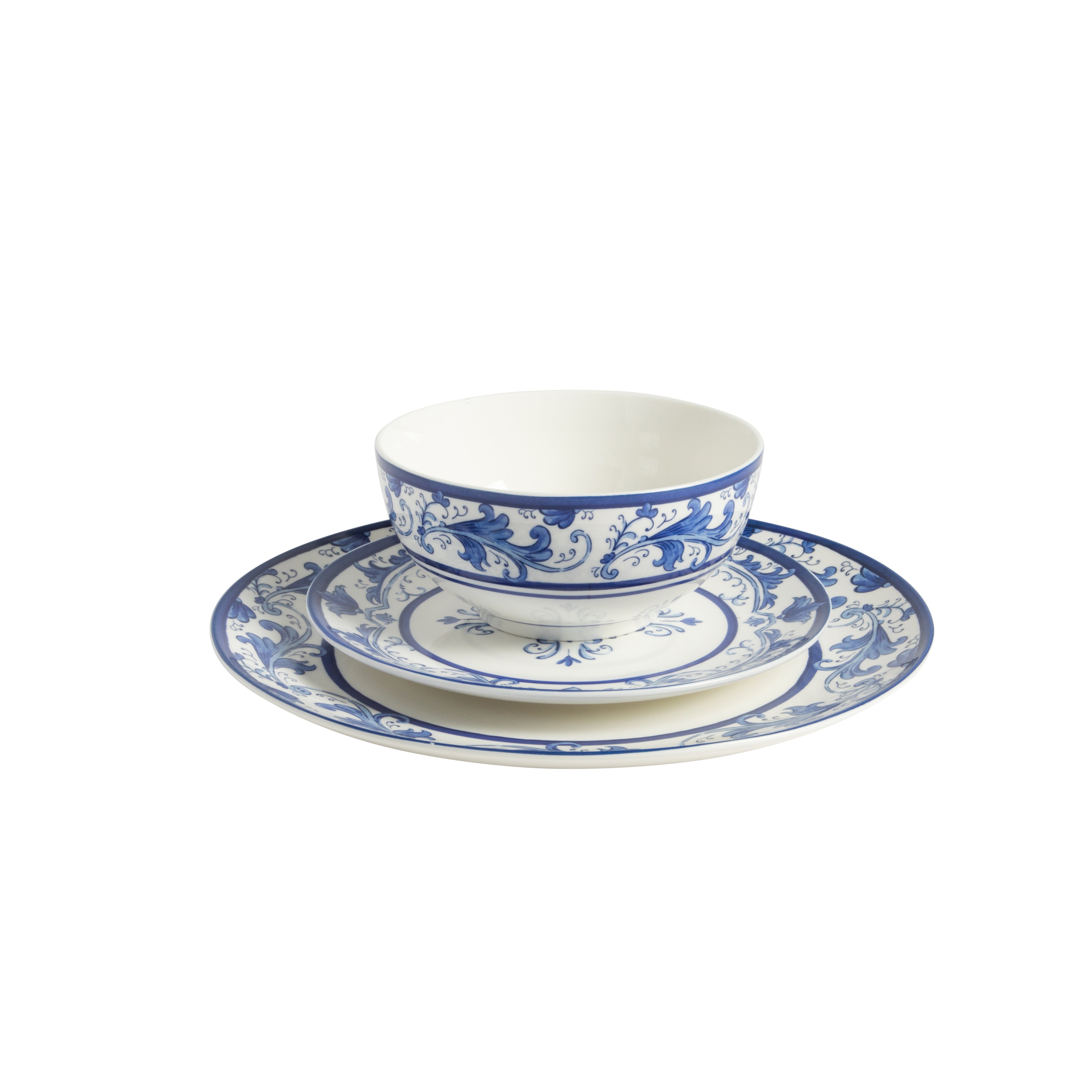 Sur La Table Plates and Bowls Set, 12 Piece New Bone China Dinnerware Set for 4, Mediterranean Blue Pattern, Dishwasher & Microwave Safe