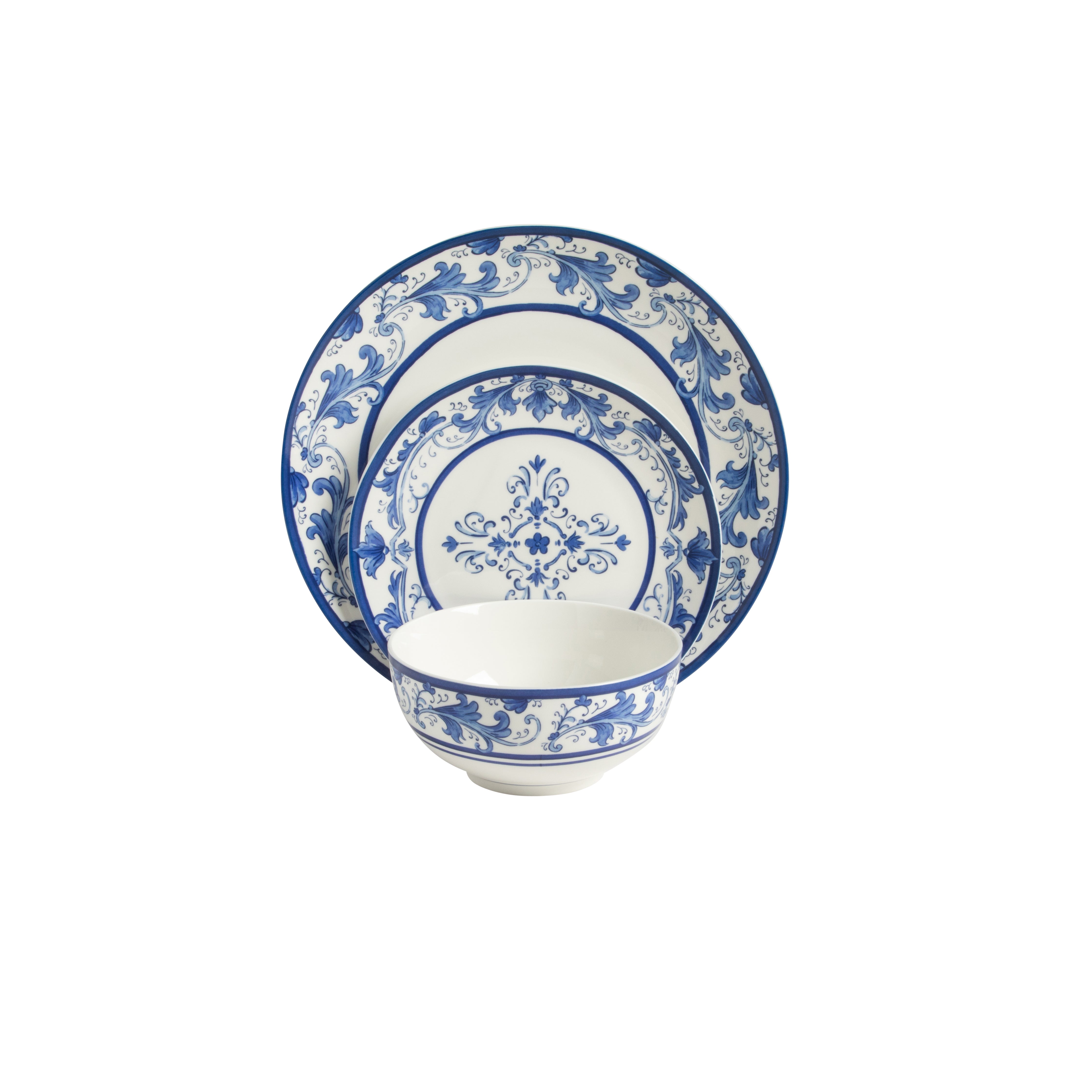 Sur La Table Plates and Bowls Set, 12 Piece New Bone China Dinnerware Set for 4, Mediterranean Blue Pattern, Dishwasher & Microwave Safe