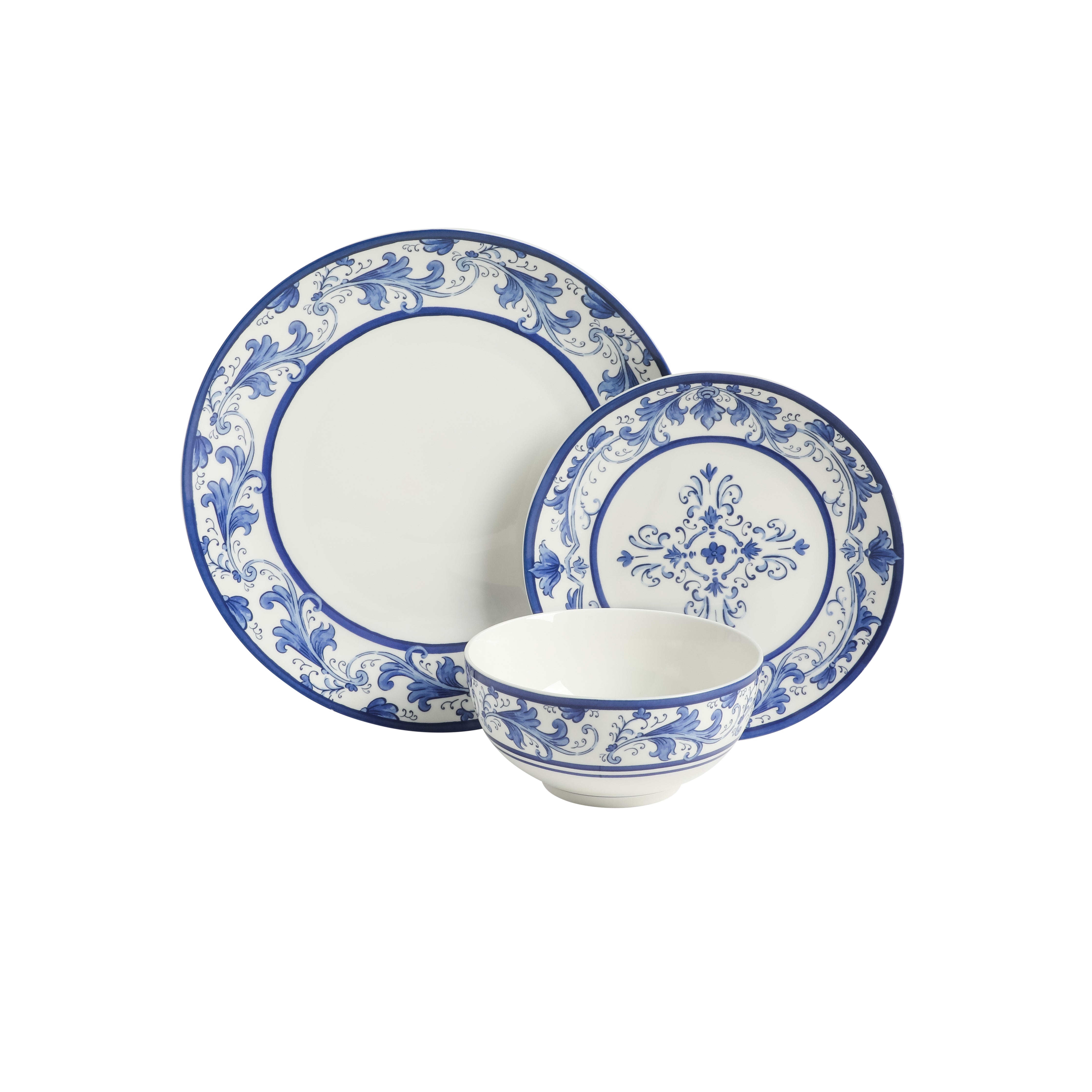 Sur La Table Plates and Bowls Set, 12 Piece New Bone China Dinnerware Set for 4, Mediterranean Blue Pattern, Dishwasher & Microwave Safe