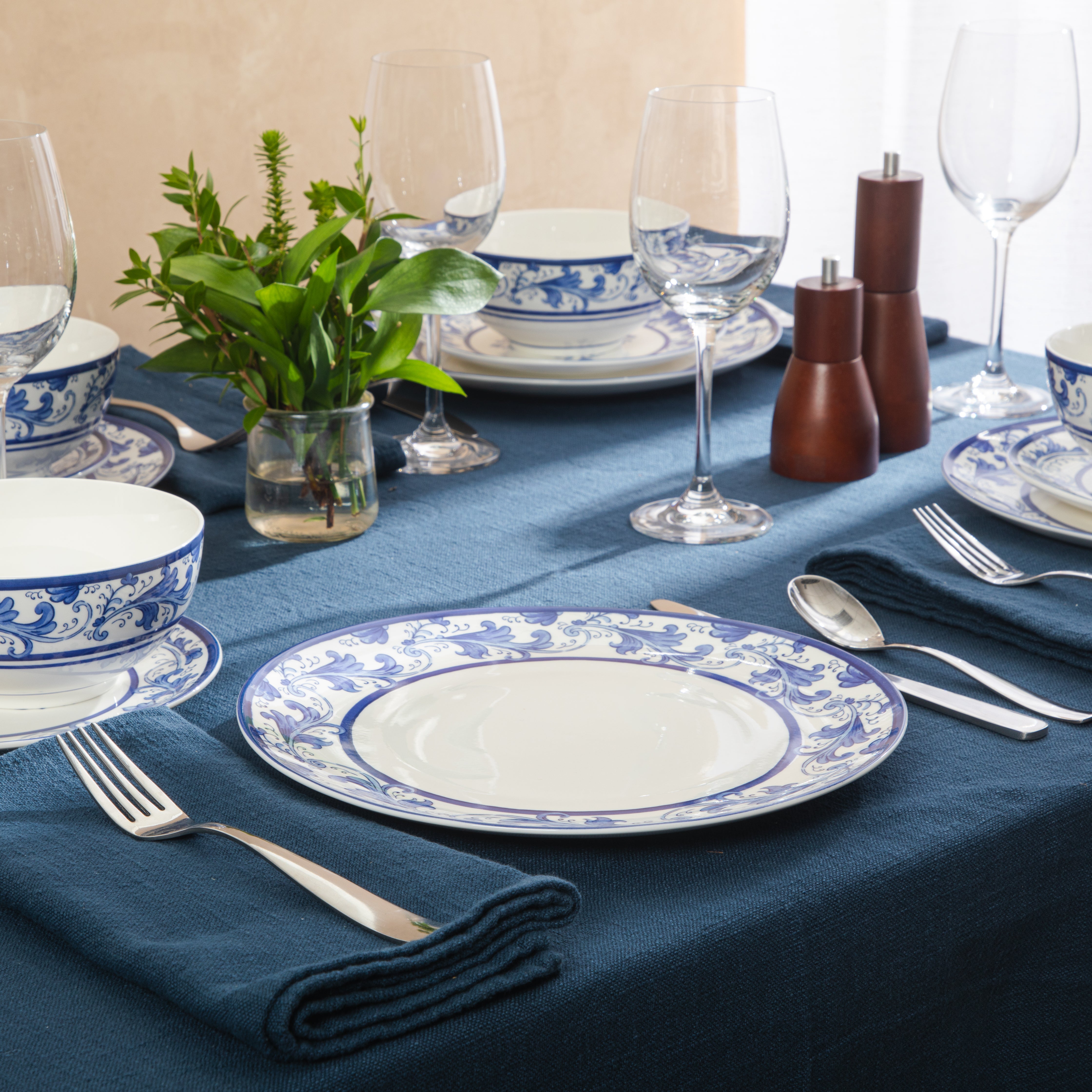 Sur La Table Plates and Bowls Set, 12 Piece New Bone China Dinnerware Set for 4, Mediterranean Blue Pattern, Dishwasher & Microwave Safe