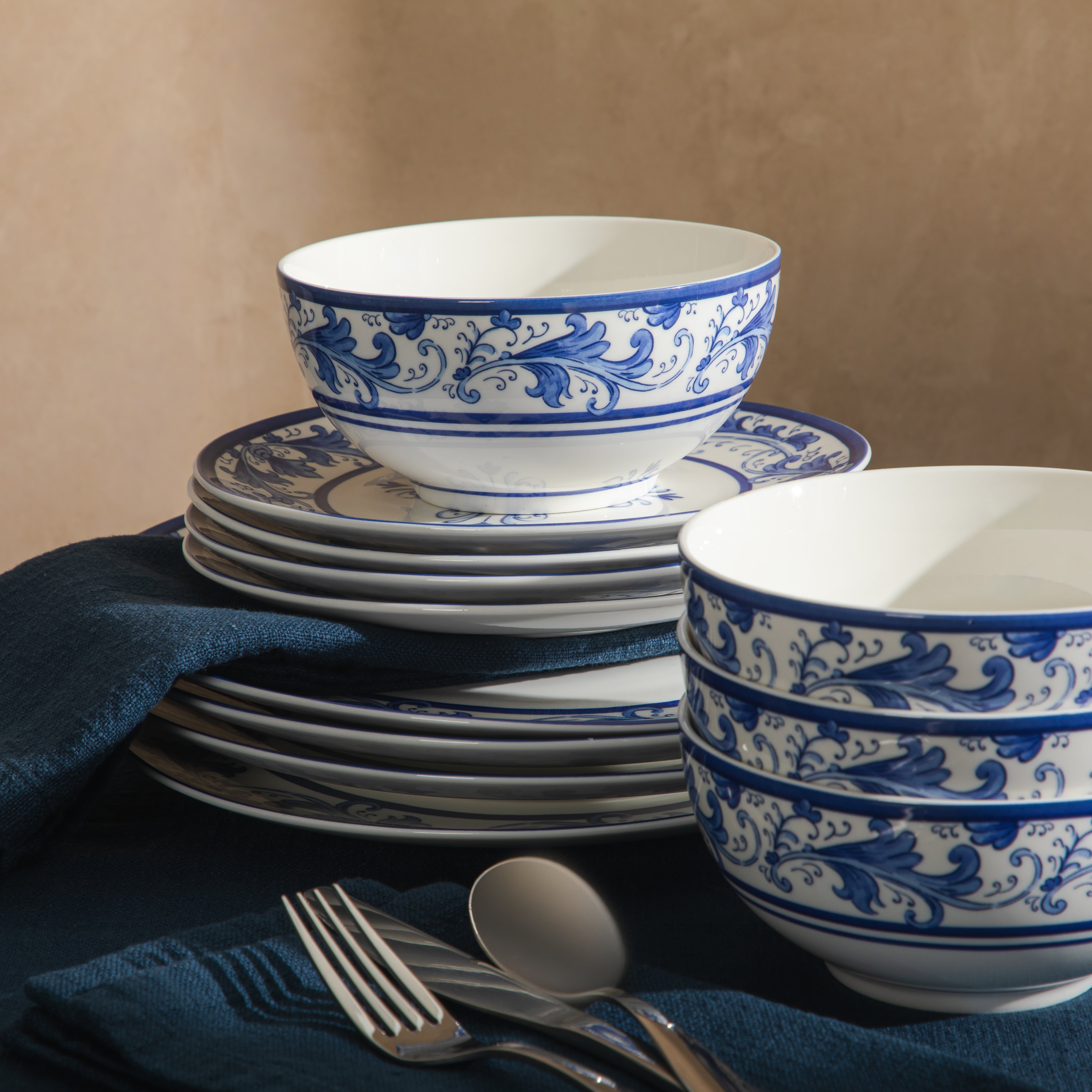 Sur La Table Plates and Bowls Set, 12 Piece New Bone China Dinnerware Set for 4, Mediterranean Blue Pattern, Dishwasher & Microwave Safe