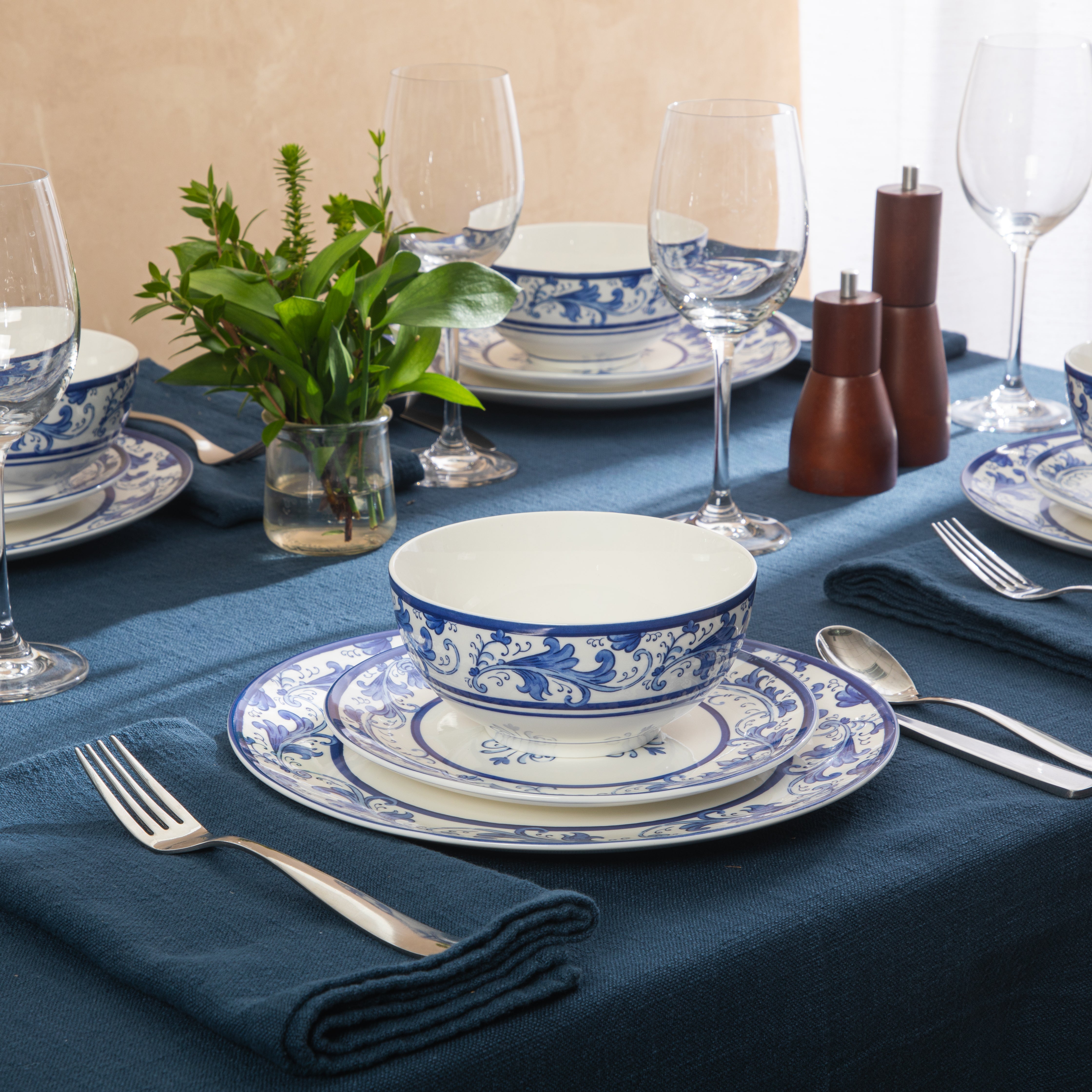 Sur La Table Plates and Bowls Set, 12 Piece New Bone China Dinnerware Set for 4, Mediterranean Blue Pattern, Dishwasher & Microwave Safe