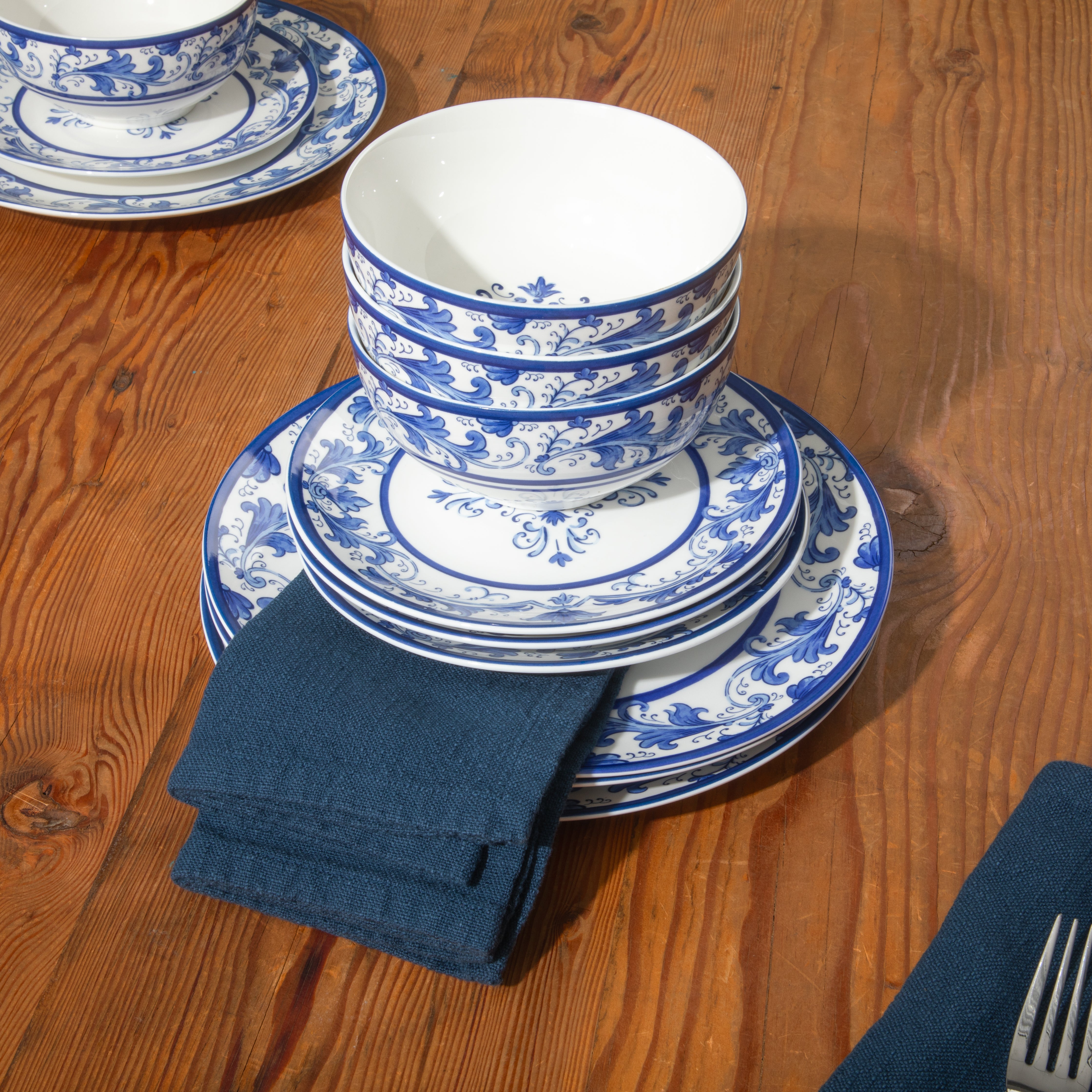Sur La Table Plates and Bowls Set, 12 Piece New Bone China Dinnerware Set for 4, Mediterranean Blue Pattern, Dishwasher & Microwave Safe