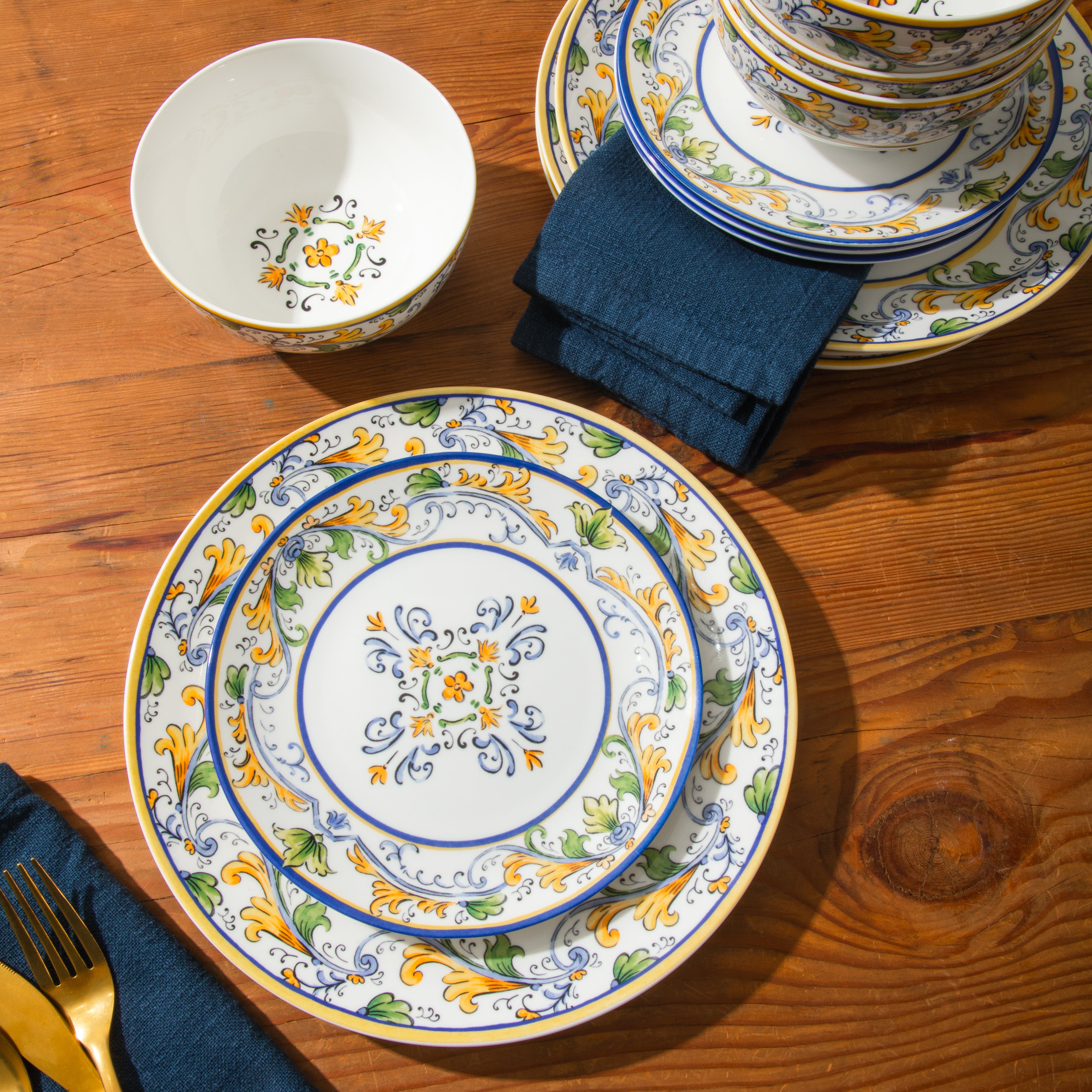 Sur La Table Plates and Bowls Set, 12 Piece New Bone China Dinnerware Set for 4, Mediterranean Blue Pattern, Dishwasher & Microwave Safe