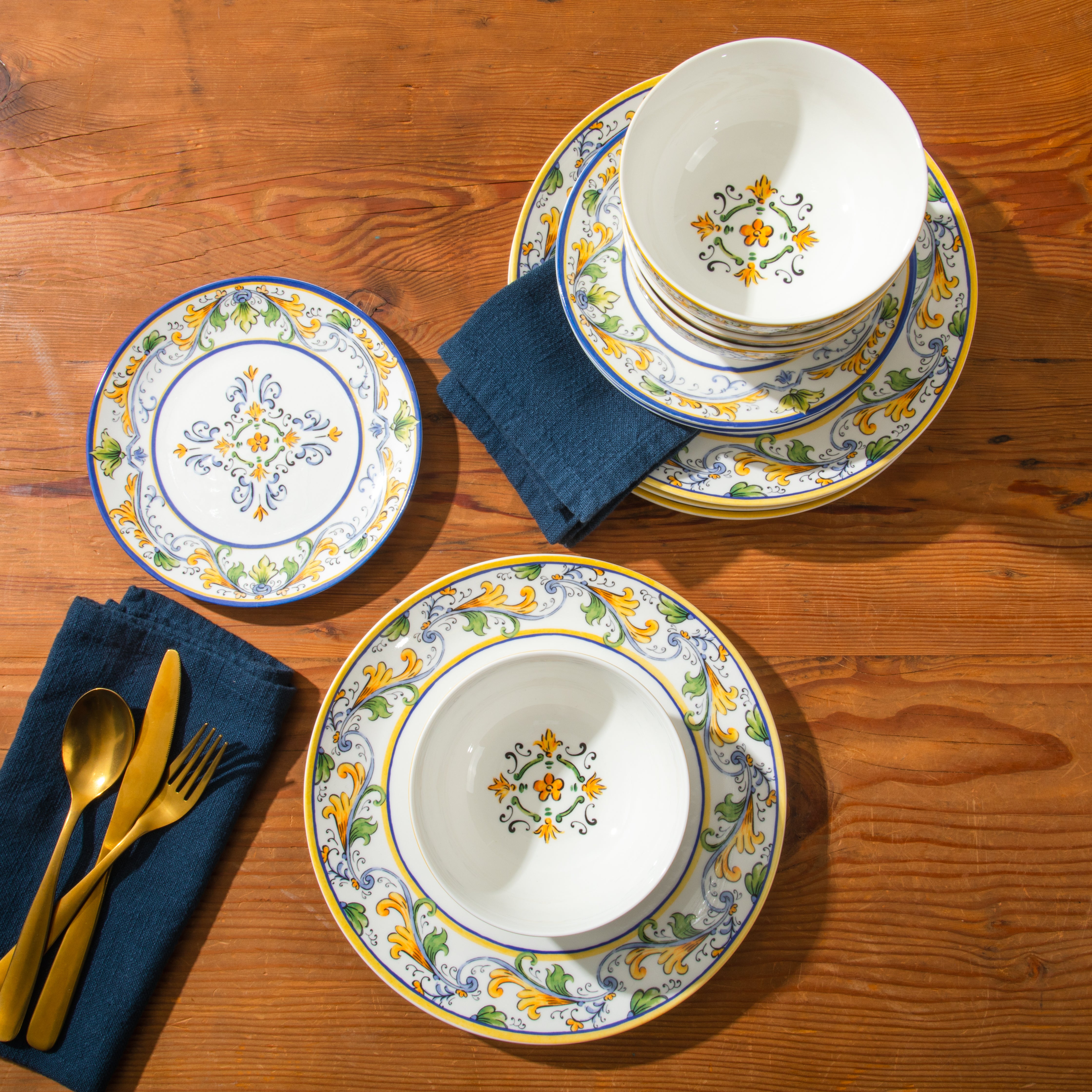 Sur La Table Plates and Bowls Set, 12 Piece New Bone China Dinnerware Set for 4, Mediterranean Blue Pattern, Dishwasher & Microwave Safe