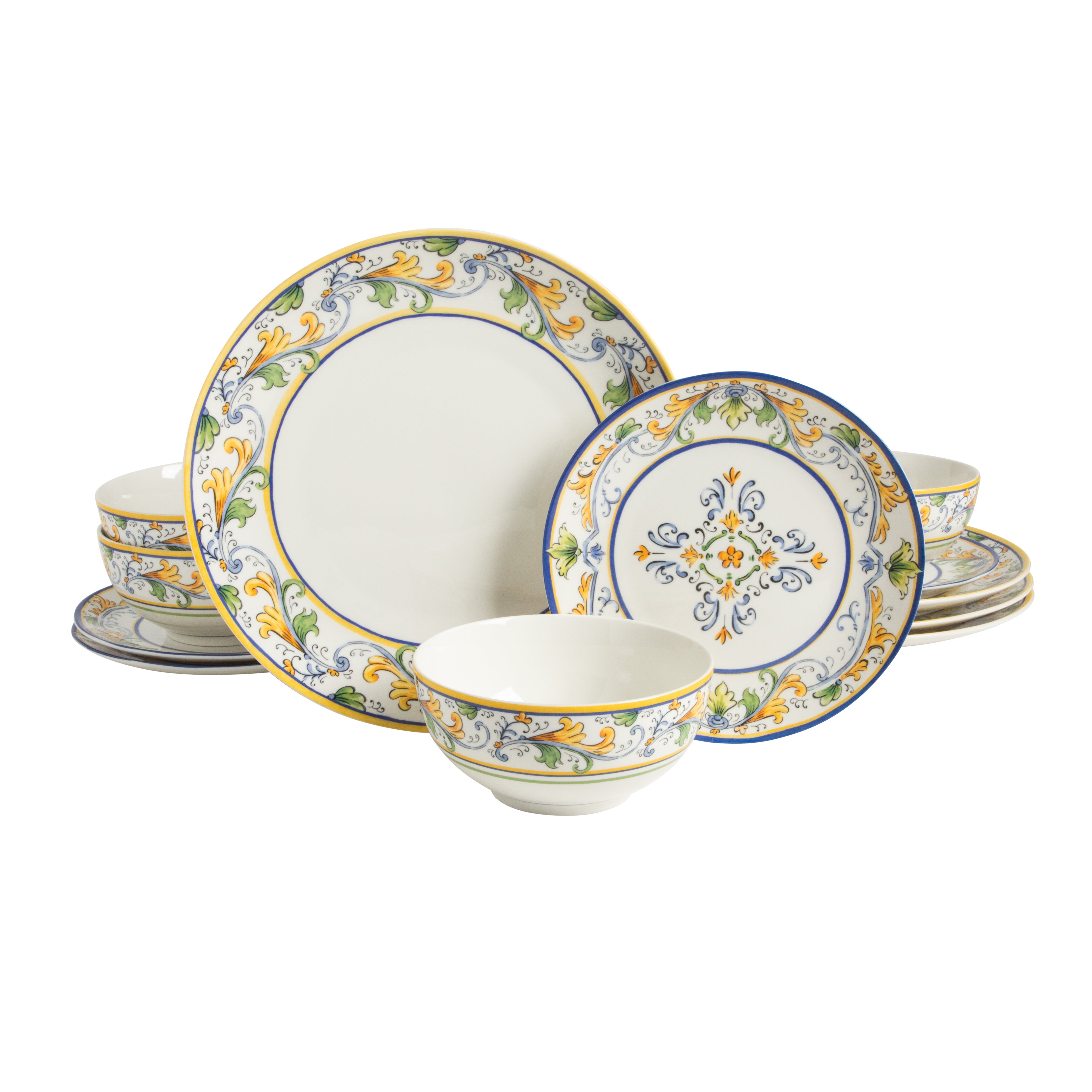 Sur La Table Plates and Bowls Set, 12 Piece New Bone China Dinnerware Set for 4, Mediterranean Blue Pattern, Dishwasher & Microwave Safe