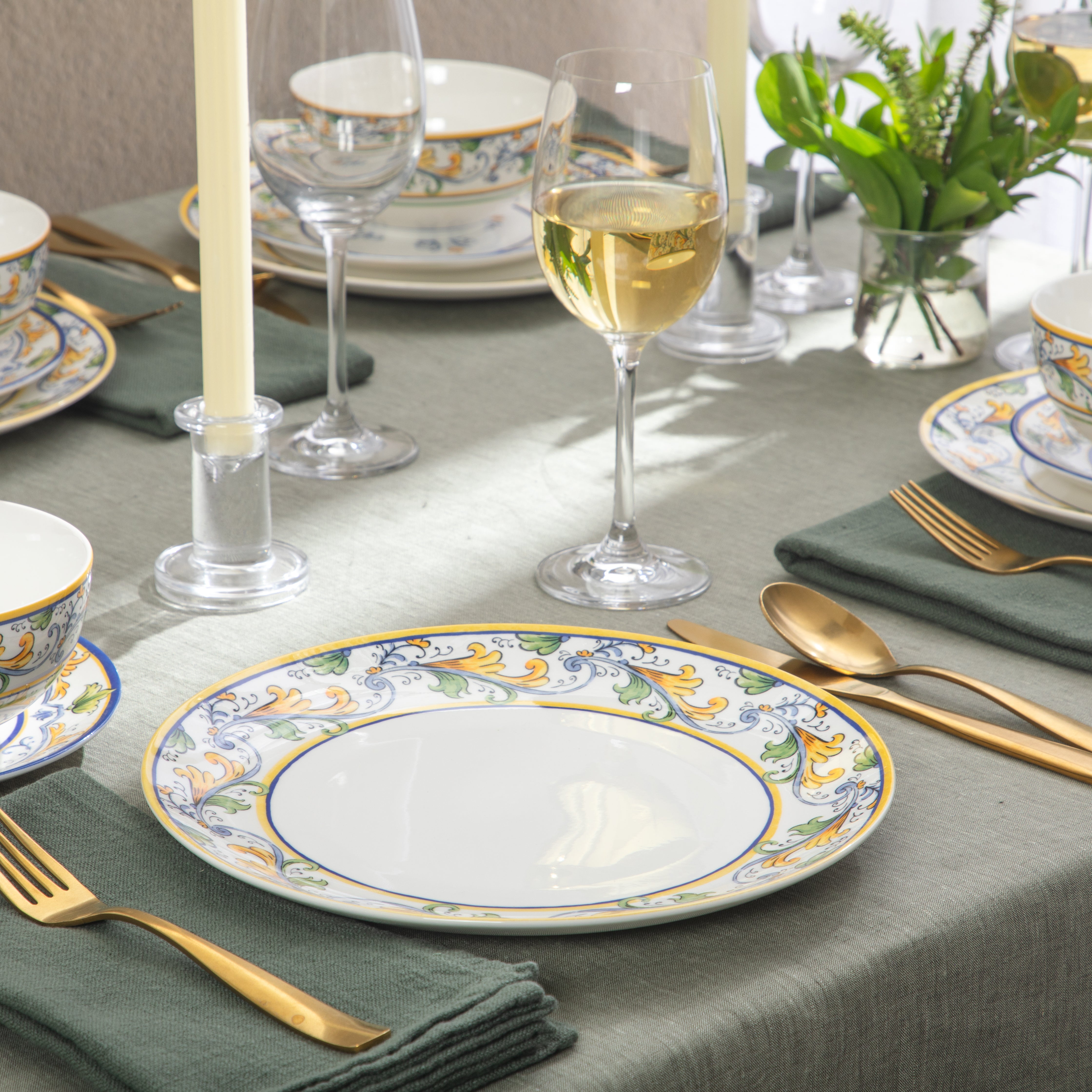 Sur La Table Plates and Bowls Set, 12 Piece New Bone China Dinnerware Set for 4, Mediterranean Blue Pattern, Dishwasher & Microwave Safe