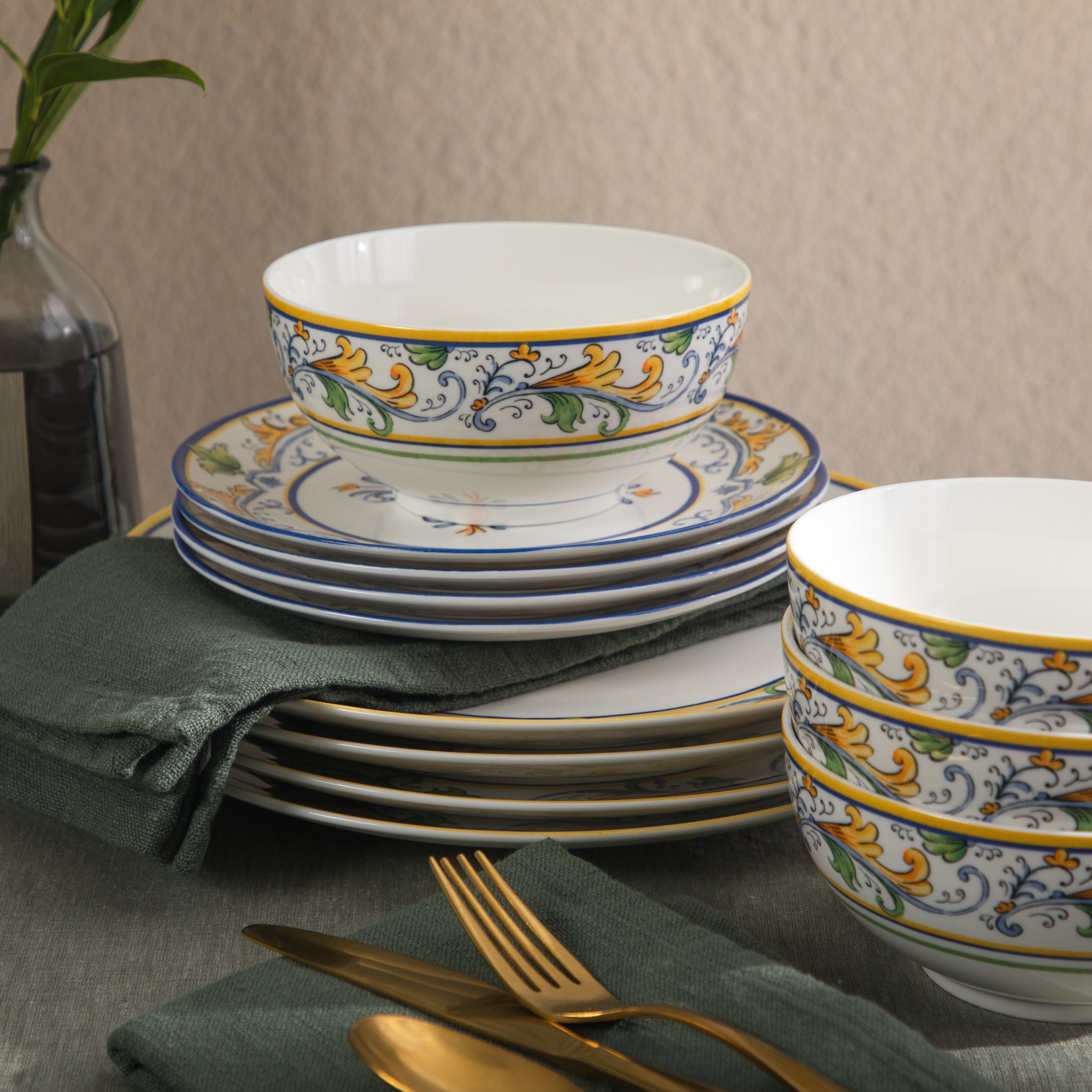 Sur La Table Plates and Bowls Set, 12 Piece New Bone China Dinnerware Set for 4, Mediterranean Blue Pattern, Dishwasher & Microwave Safe