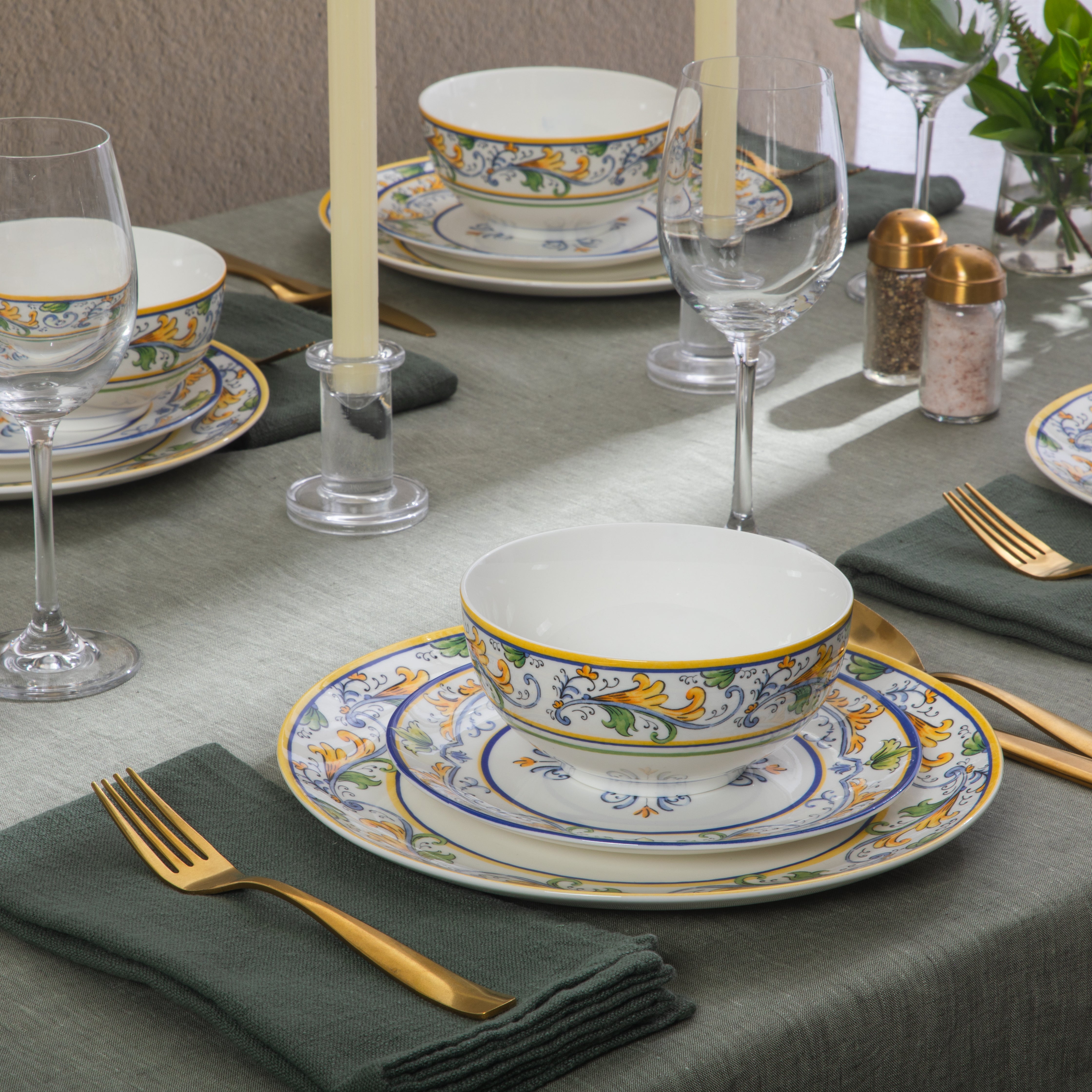 Sur La Table Plates and Bowls Set, 12 Piece New Bone China Dinnerware Set for 4, Mediterranean Blue Pattern, Dishwasher & Microwave Safe