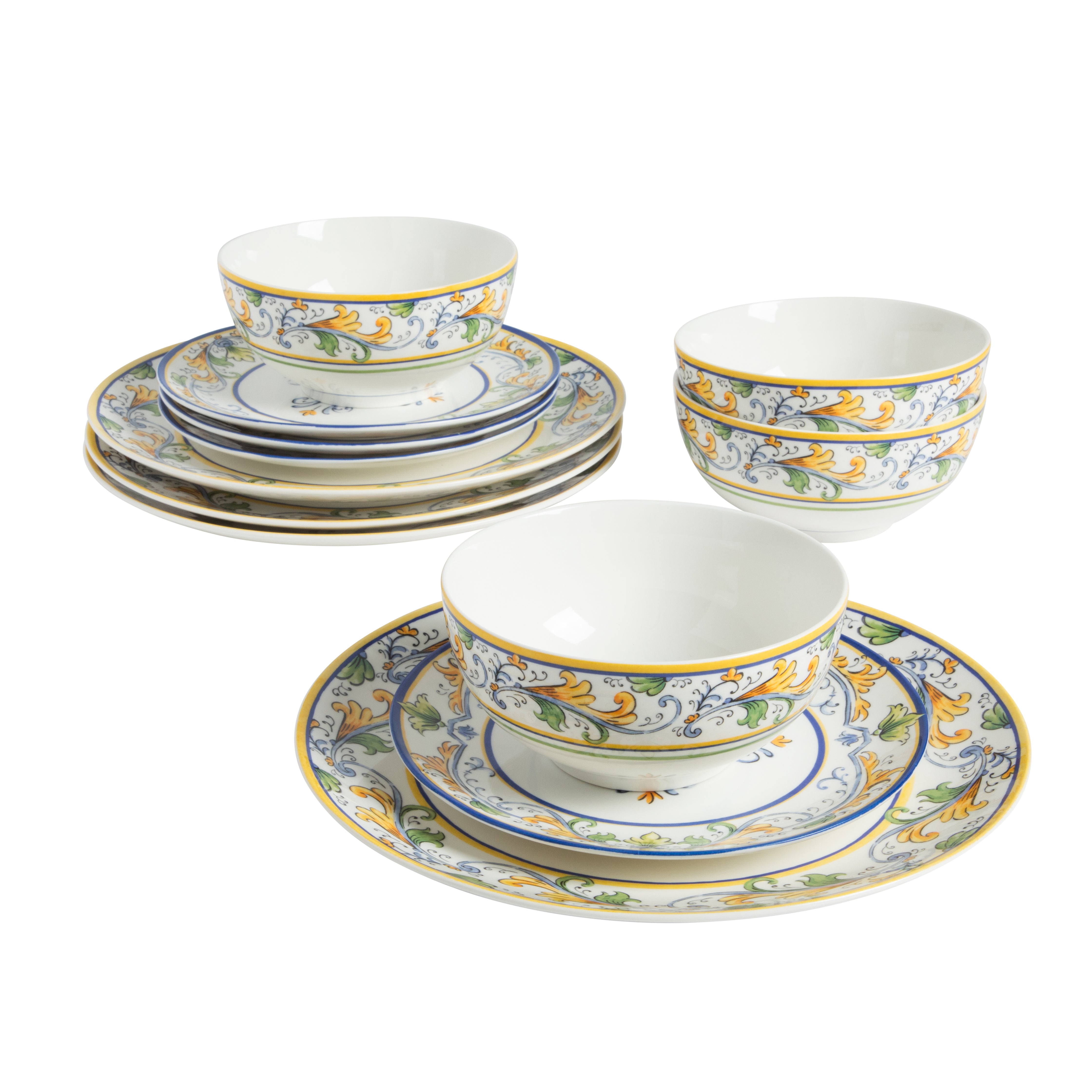 Sur La Table Plates and Bowls Set, 12 Piece New Bone China Dinnerware Set for 4, Mediterranean Blue Pattern, Dishwasher & Microwave Safe
