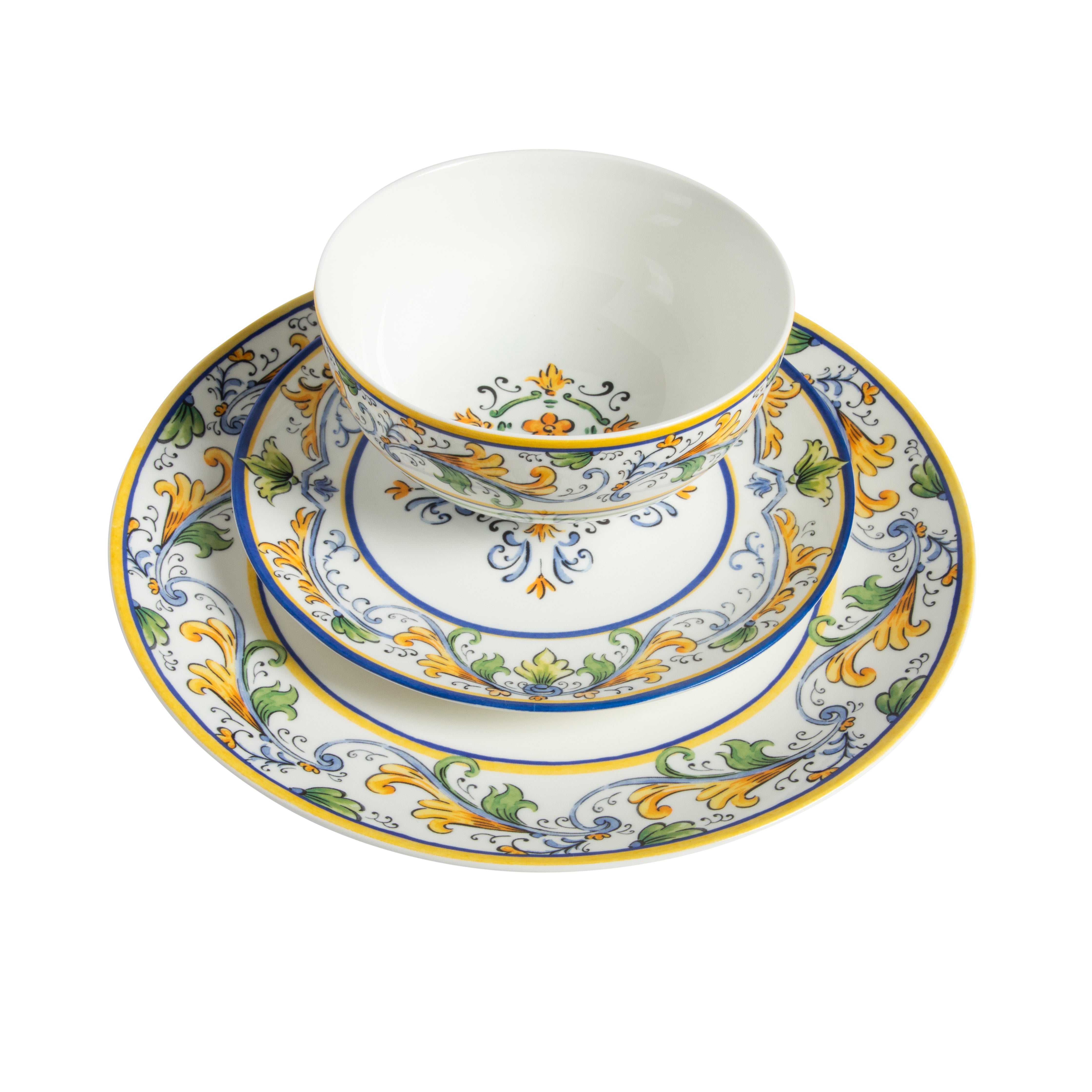 Sur La Table Plates and Bowls Set, 12 Piece New Bone China Dinnerware Set for 4, Mediterranean Blue Pattern, Dishwasher & Microwave Safe