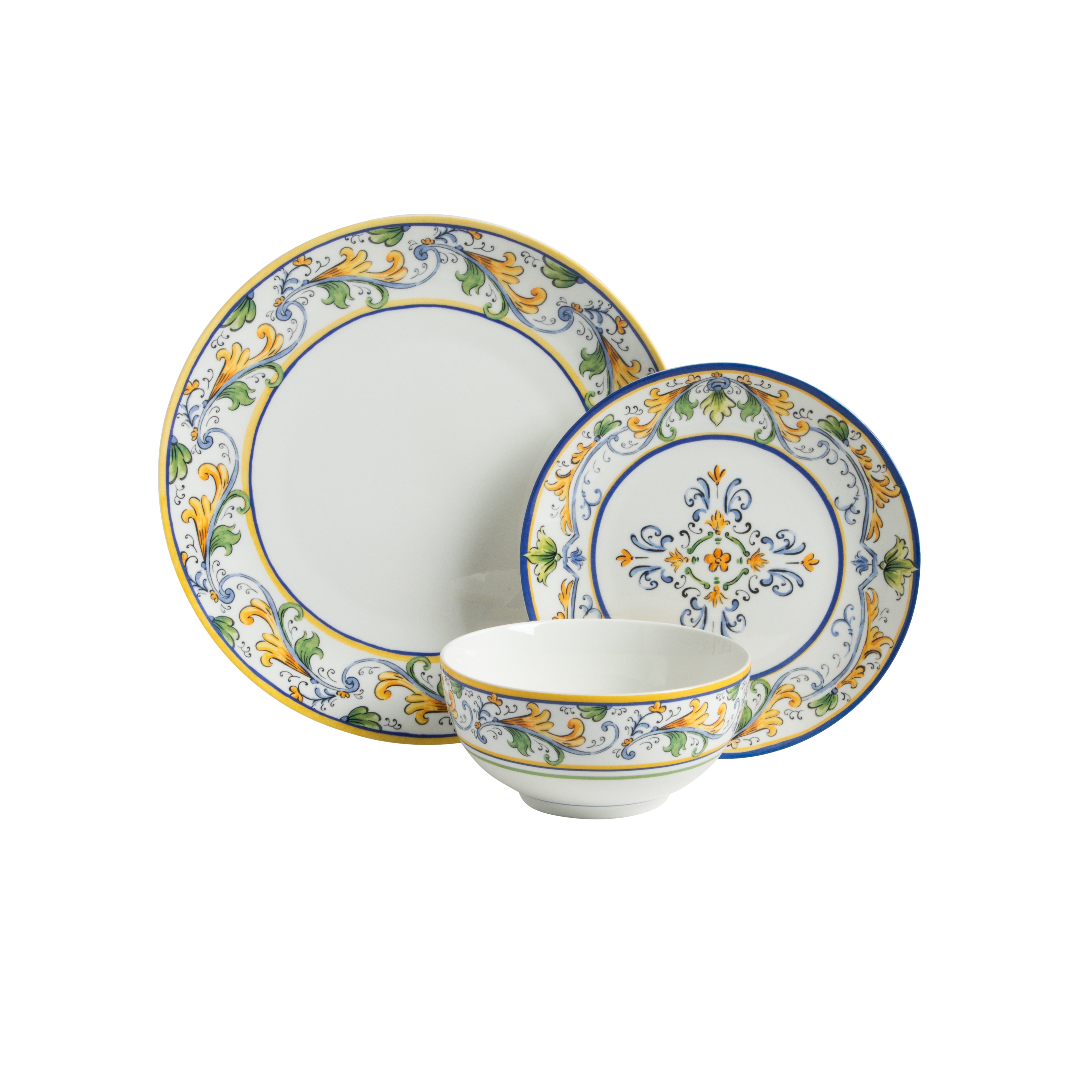 Sur La Table Plates and Bowls Set, 12 Piece New Bone China Dinnerware Set for 4, Mediterranean Blue Pattern, Dishwasher & Microwave Safe