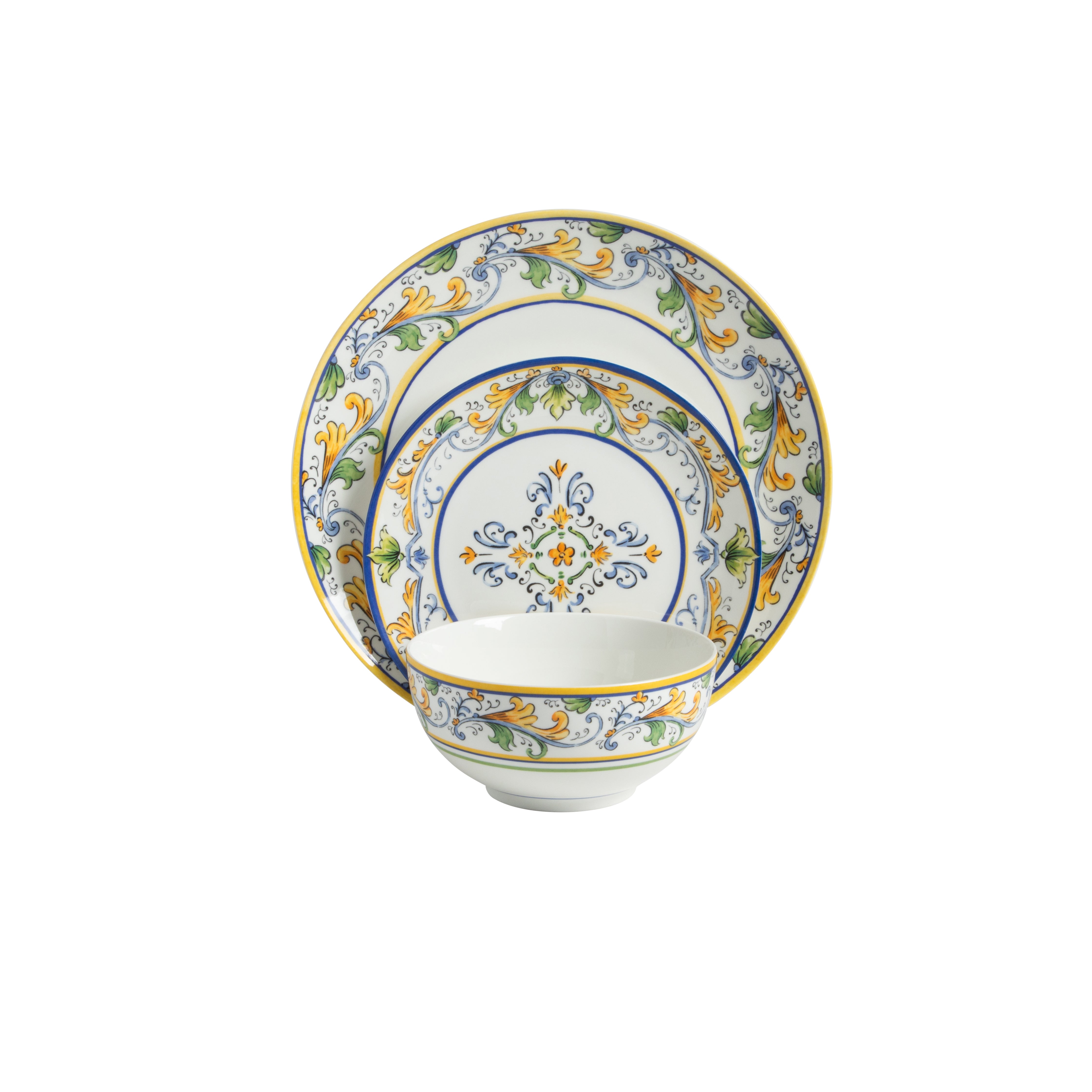 Sur La Table Plates and Bowls Set, 12 Piece New Bone China Dinnerware Set for 4, Mediterranean Blue Pattern, Dishwasher & Microwave Safe
