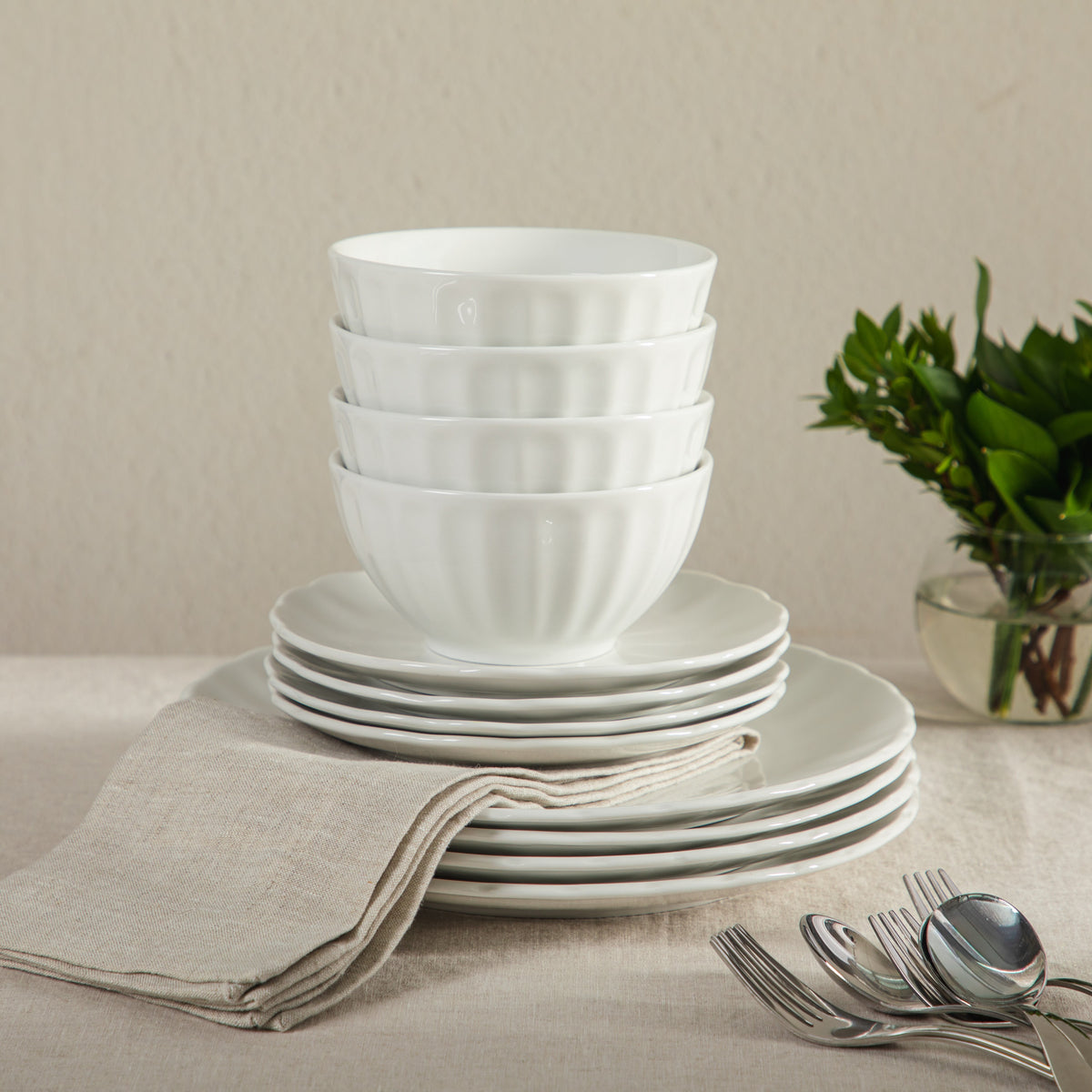 Gibson Home Polar Palisades Plates and Bowls Set, 12 Piece Ceramic Dinnerware Set for 4, Embossed Scallop Design, Dishwasher & Microwave Safe, White