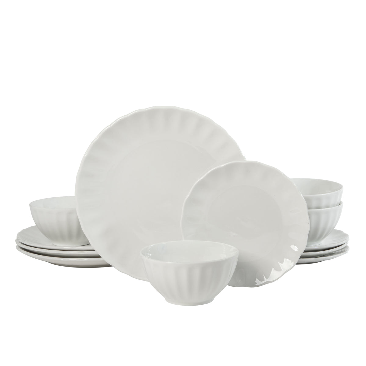 Gibson Home Polar Palisades Plates and Bowls Set, 12 Piece Ceramic Dinnerware Set for 4, Embossed Scallop Design, Dishwasher & Microwave Safe, White