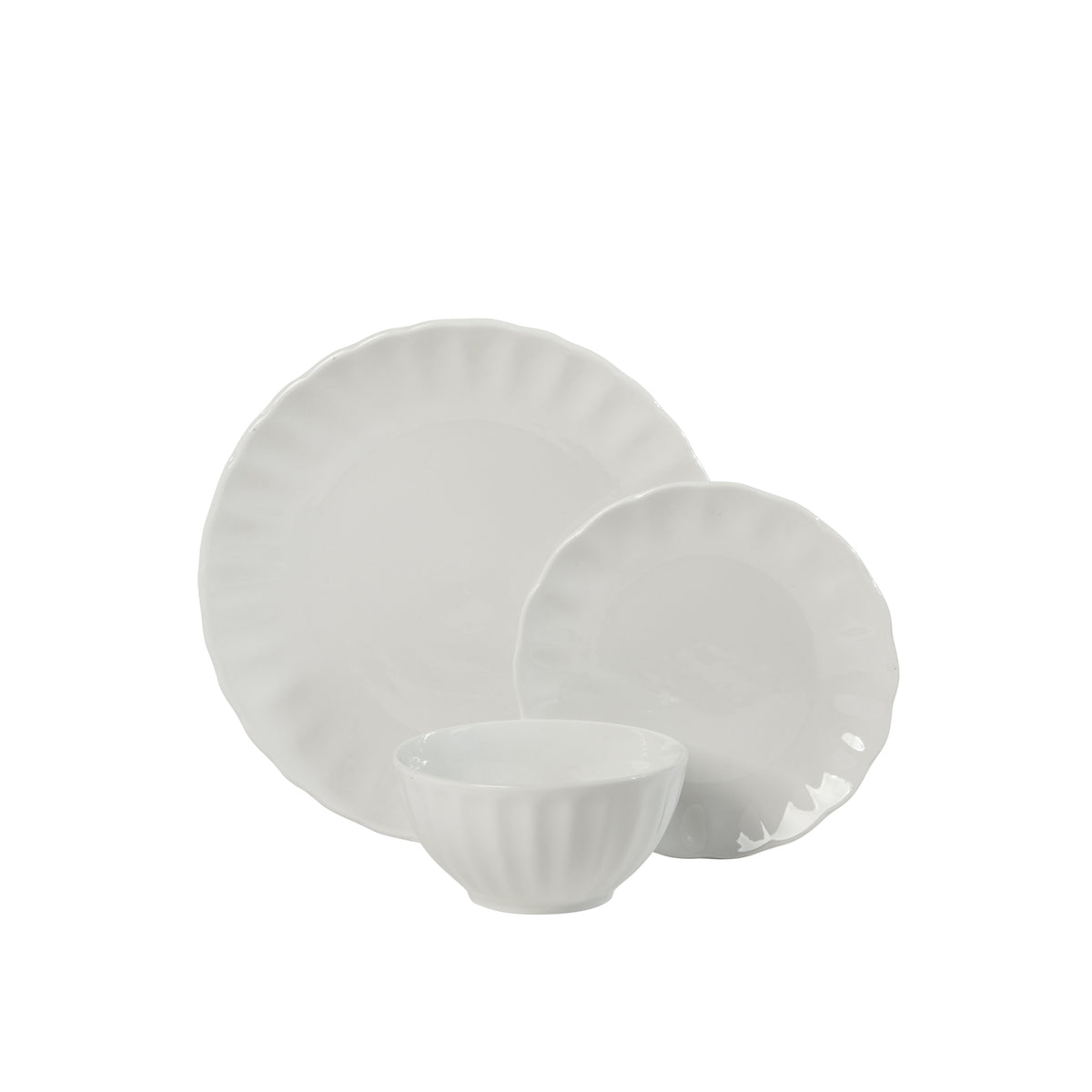 Gibson Home Polar Palisades Plates and Bowls Set, 12 Piece Ceramic Dinnerware Set for 4, Embossed Scallop Design, Dishwasher & Microwave Safe, White