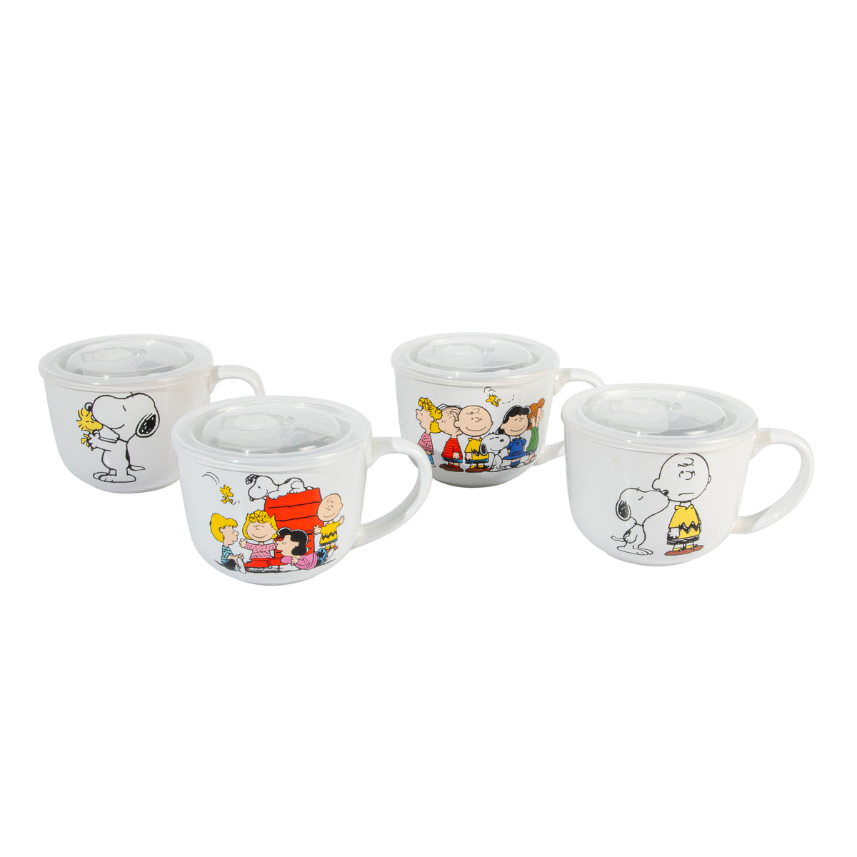 Peanuts Snoopy 23 Oz Stoneware Soup Mugs with Lids and Handles, Happiness Is Friendship, Set of 4