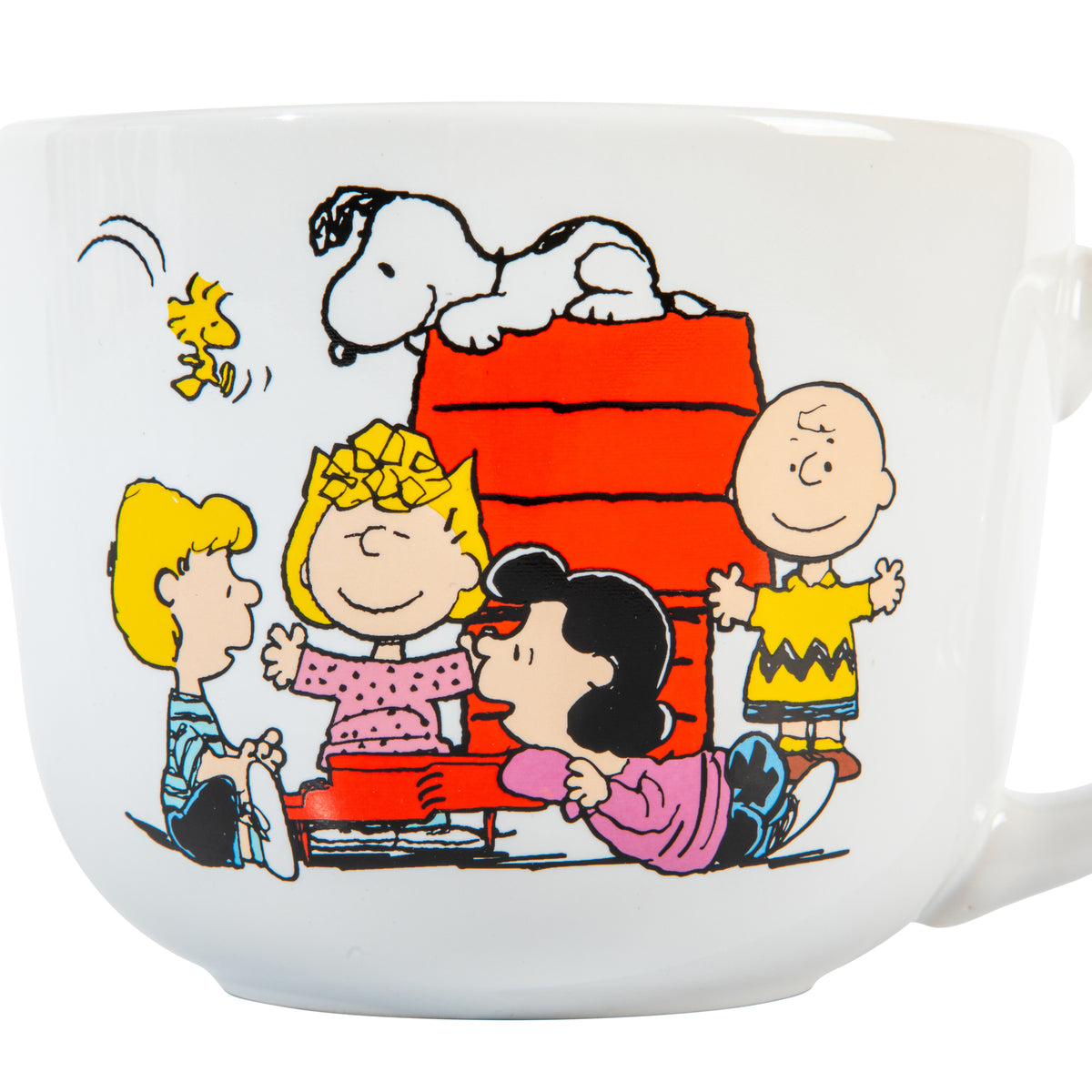 Peanuts Snoopy 23 Oz Stoneware Soup Mugs with Lids and Handles, Happiness Is Friendship, Set of 4
