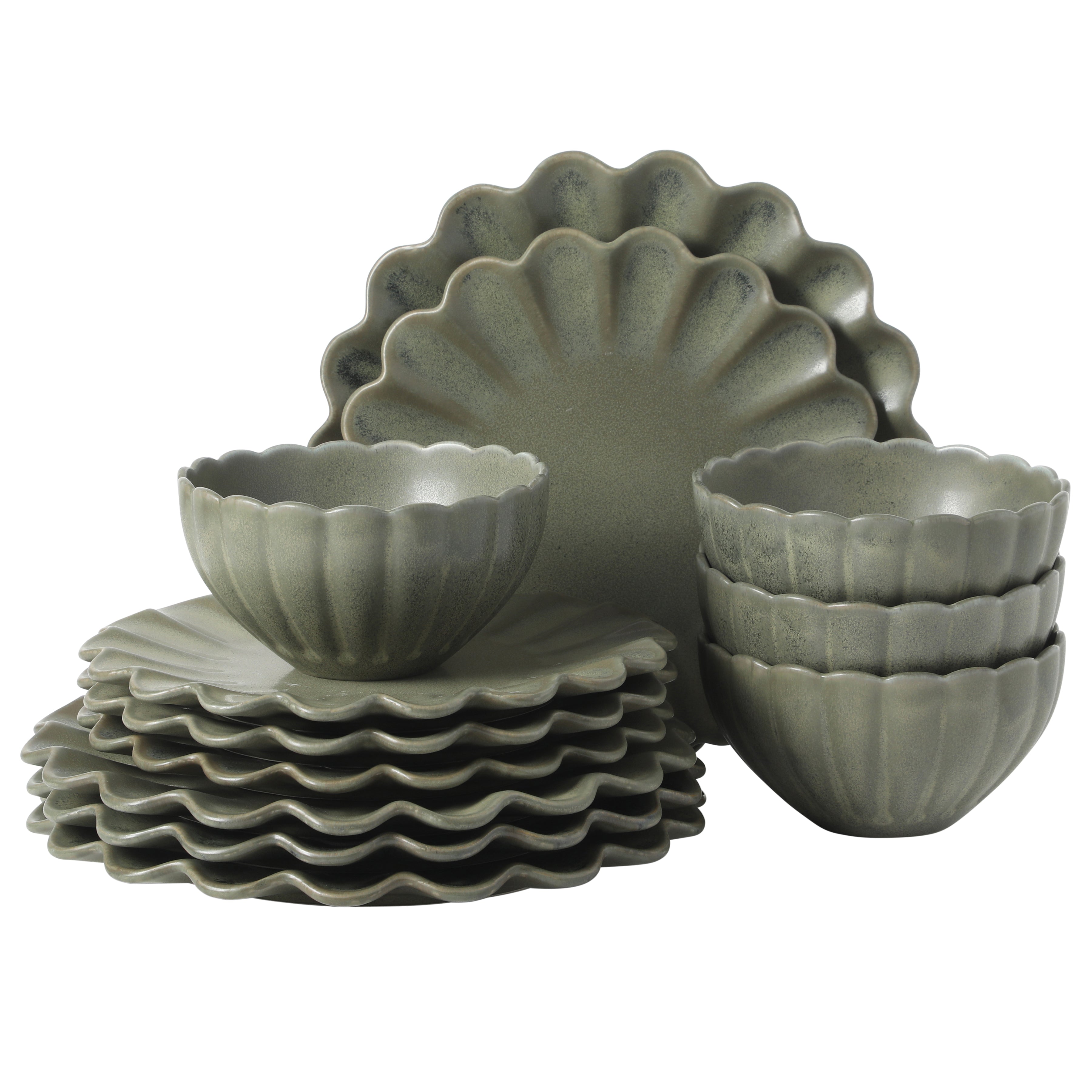 Gibson Elite Plates and Bowls Sets, 12-Piece Stoneware Dinnerware Set for 4, Scalloped Dish Set with Dinner Plates, Salad Plates & Bowls