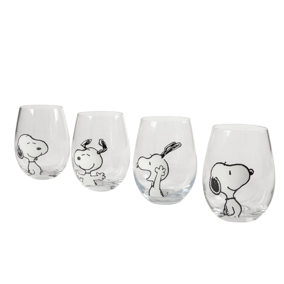 Peanuts Snoopy 19 Oz Clear Stemless Wine Glasses, Good Times With Friends Drinking Glasses, Set of 4