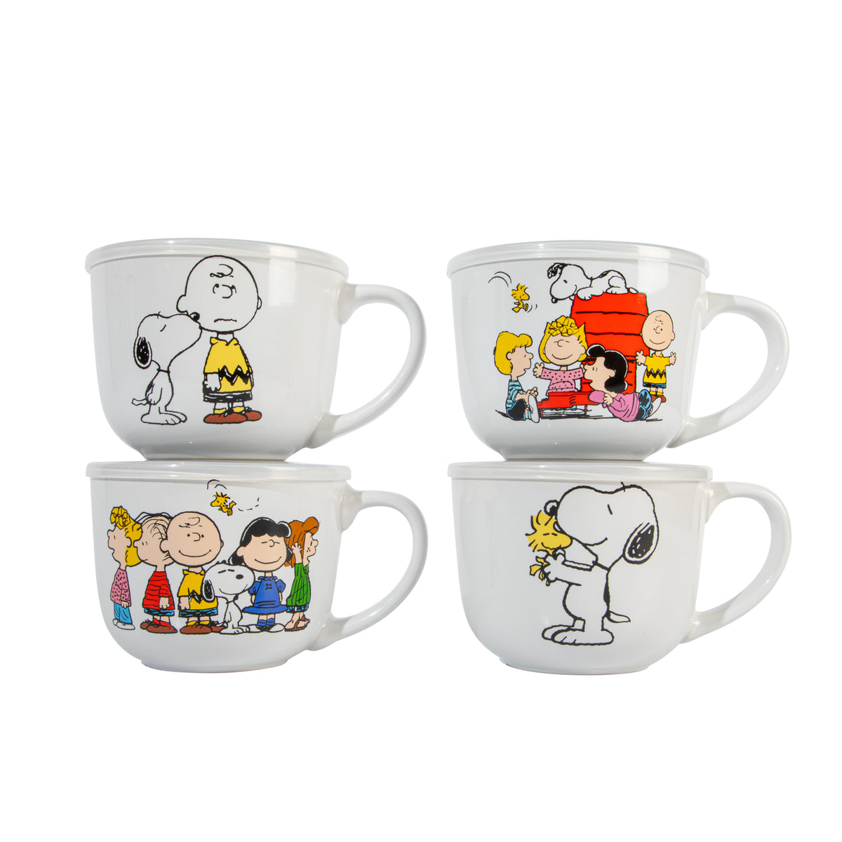 Peanuts Snoopy 23 Oz Stoneware Soup Mugs with Lids and Handles, Happiness Is Friendship, Set of 4