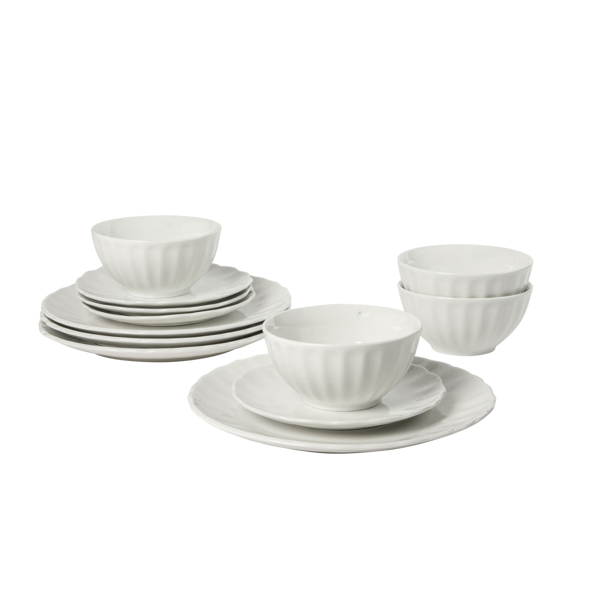 Gibson Home Polar Palisades Plates and Bowls Set, 12 Piece Ceramic Dinnerware Set for 4, Embossed Scallop Design, Dishwasher & Microwave Safe, White