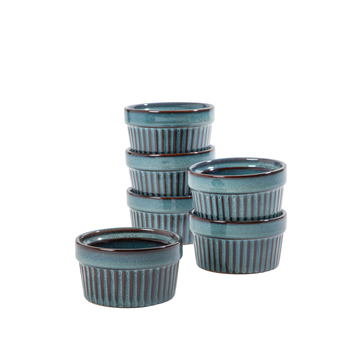Gibson Elite Blue Eagle Ramekins Set of 6, Oven Safe Ceramic Stoneware Creme Brulee Custard Cups, Reactive Glaze, Ribbed, 3.5 Inch, 5 oz