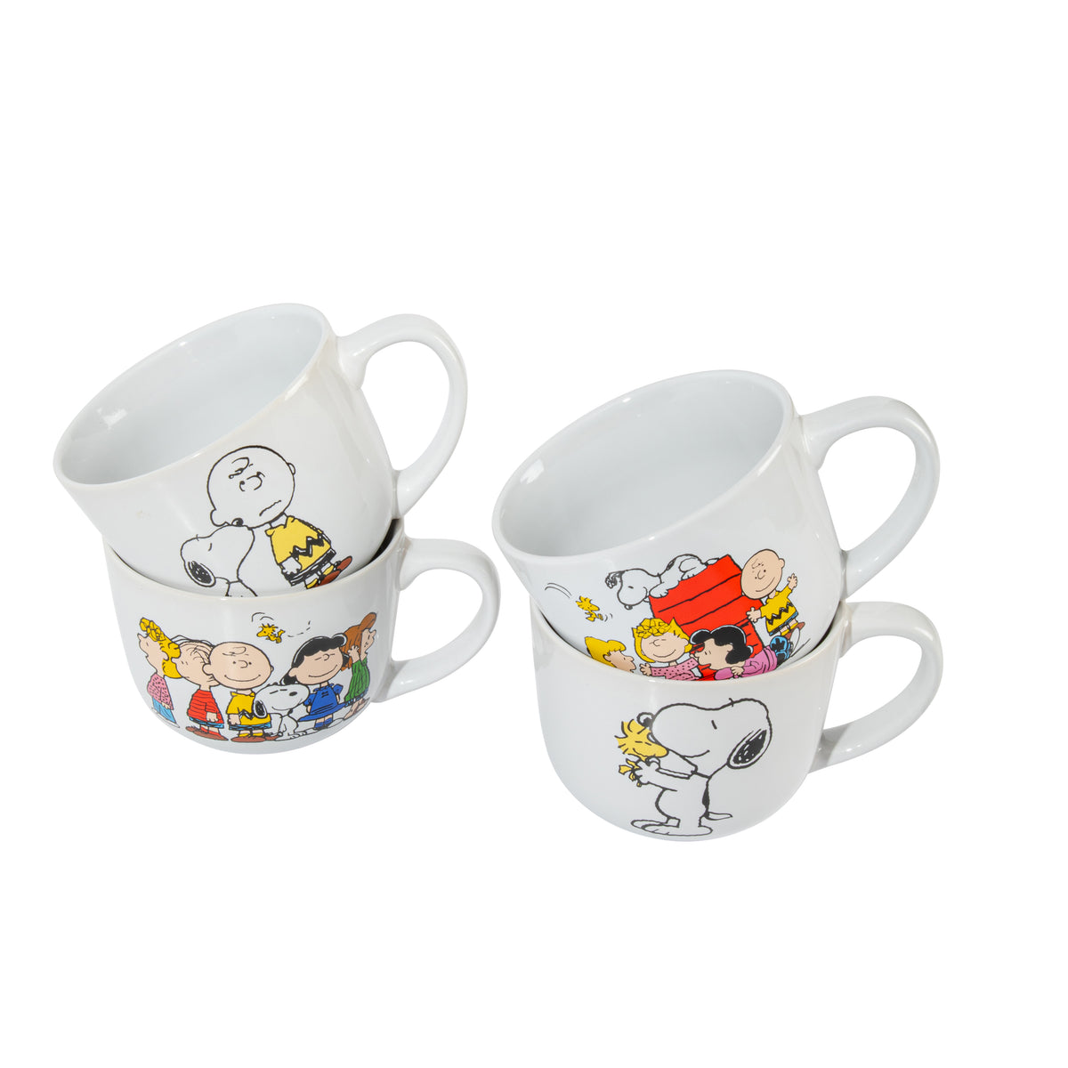 Peanuts Snoopy 23 Oz Stoneware Soup Mugs with Lids and Handles, Happiness Is Friendship, Set of 4